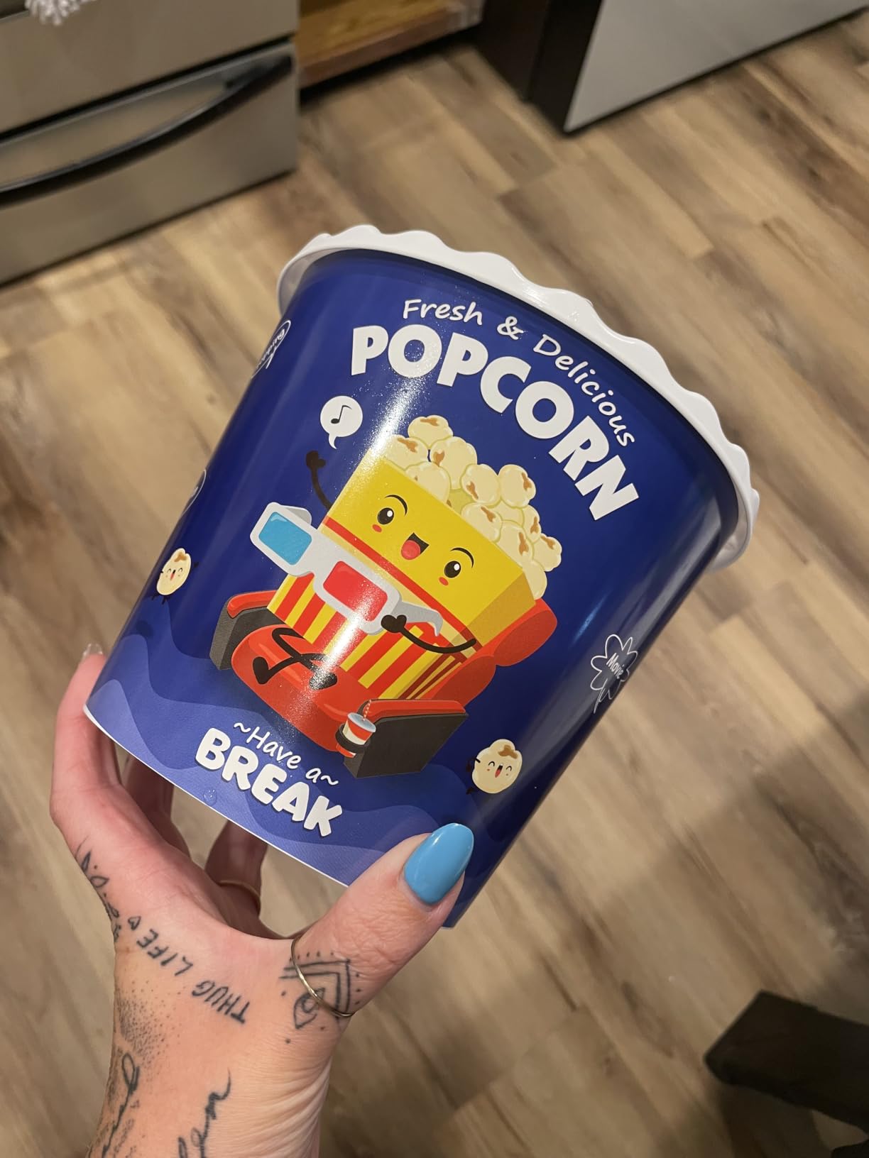 Modern Style Reusable Plastic Popcorn Containers / Popcorn Bowls Set for Movie Theater Night - Washable in the Dishwasher - (BPA Free-4 Pack) (Color: Yellow, Brown, Red/White and Blue Popcorn Boxes) customer photo 1