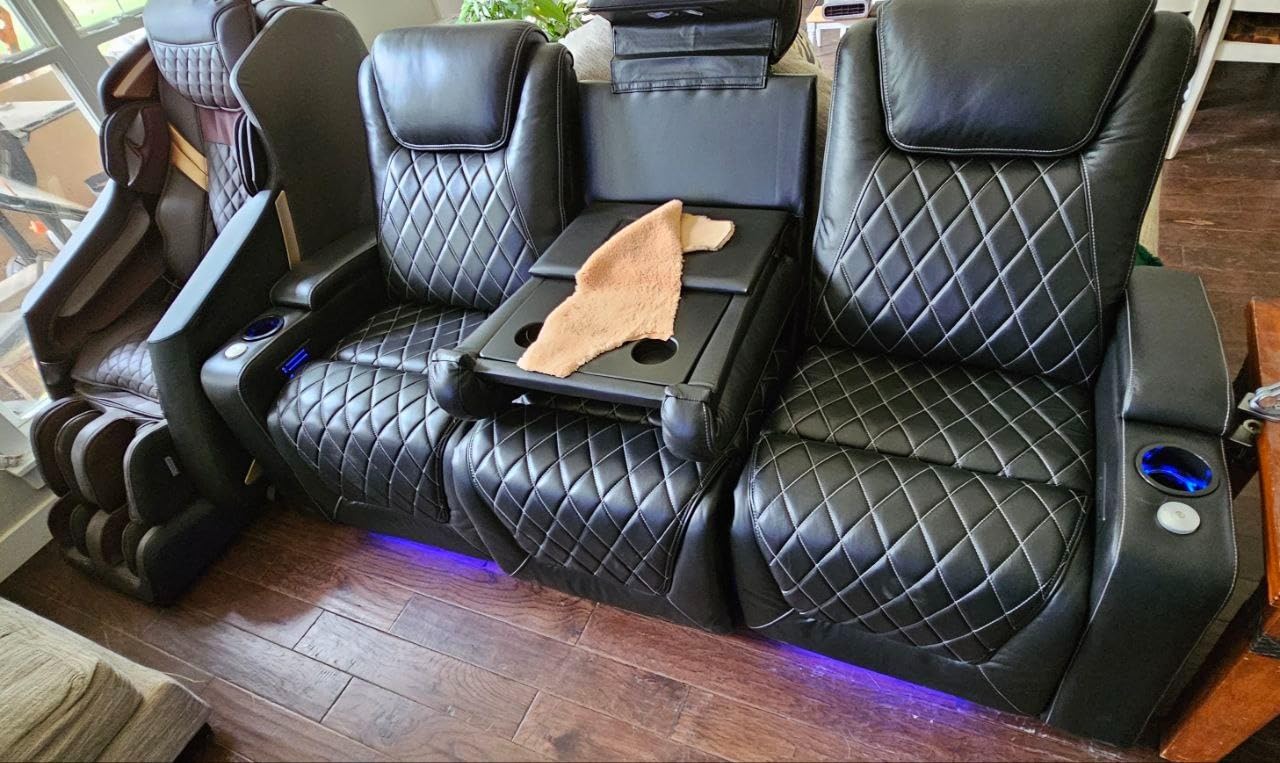Valencia Oslo Home Theater Seating | Premium Top Grain Italian Nappa 11000 Leather, Power Headrest, Power Lumbar Support, with Center Console (Row of 3, Black) customer photo 2