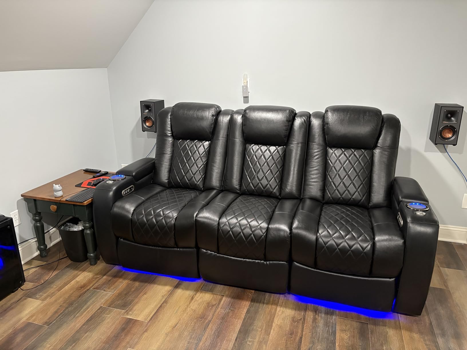 Valencia Home Theater Seating Tuscany 2025 3-Seat Power Recliner with Center Console - Top Grain Nappa 11000 Leather, Cool Gel Memory Foam, USB-C/A Charging, RGB Lights (Dark Chocolate) customer photo 1