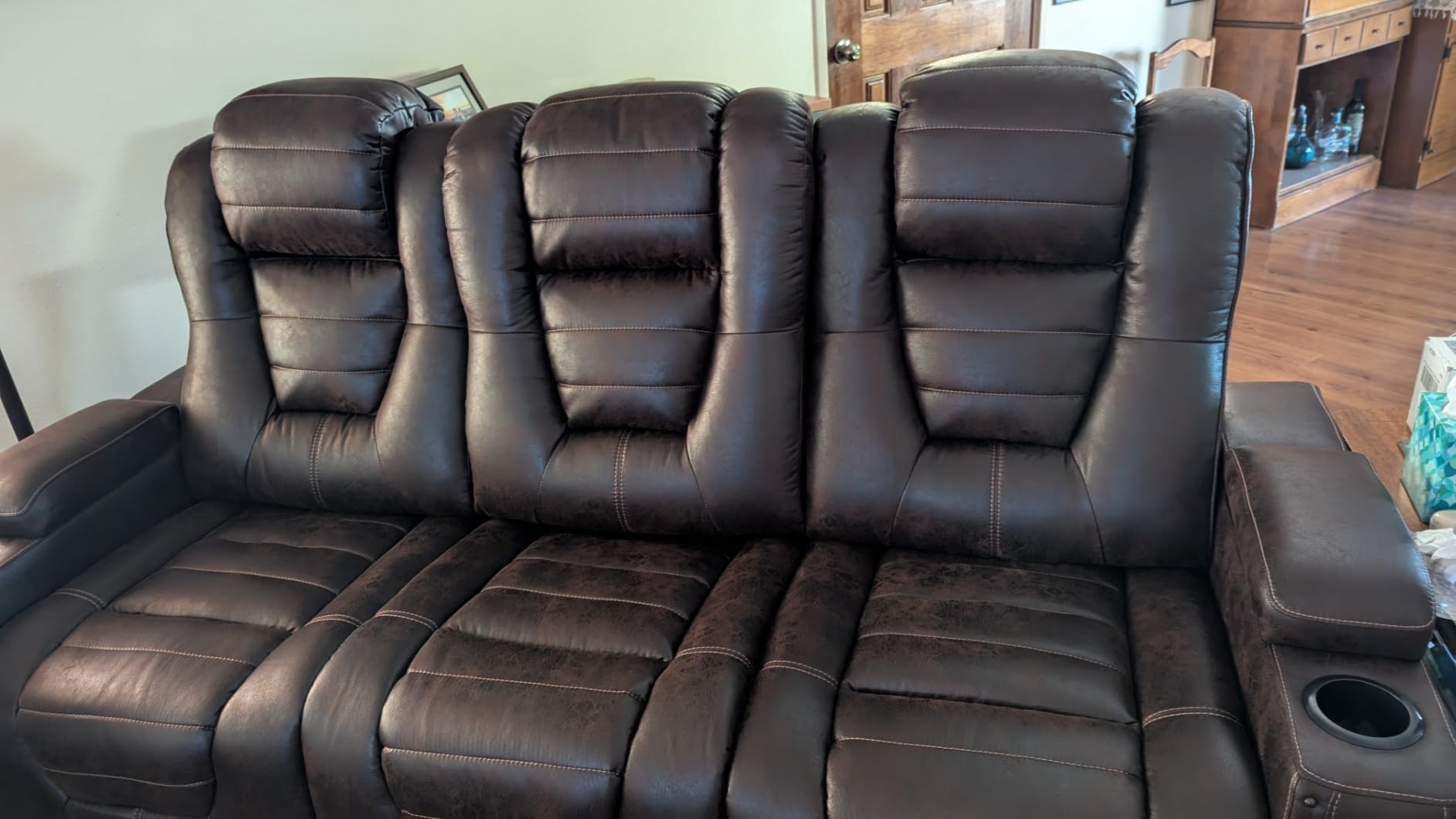 Signature Design by Ashley Faux Leather Power Reclining Sofa, Slate | Zero gravity reclining couch, Drop-down table, Wireless charging, Power headrest customer photo 2
