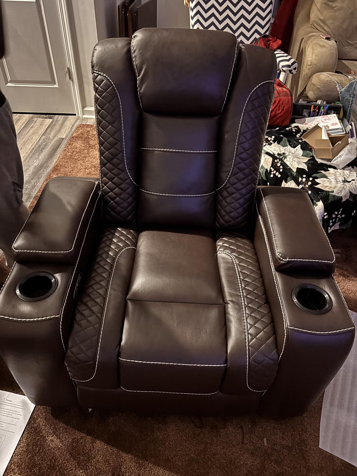 ANJ Power Recliner Chair with USB Port, Electric PU Leather Home Theater Seating for Living Room, Movie Reclining Chairs with Blue Ambient Lighting, Hidden Arm Storage, Cup Holders (Black) customer photo 1