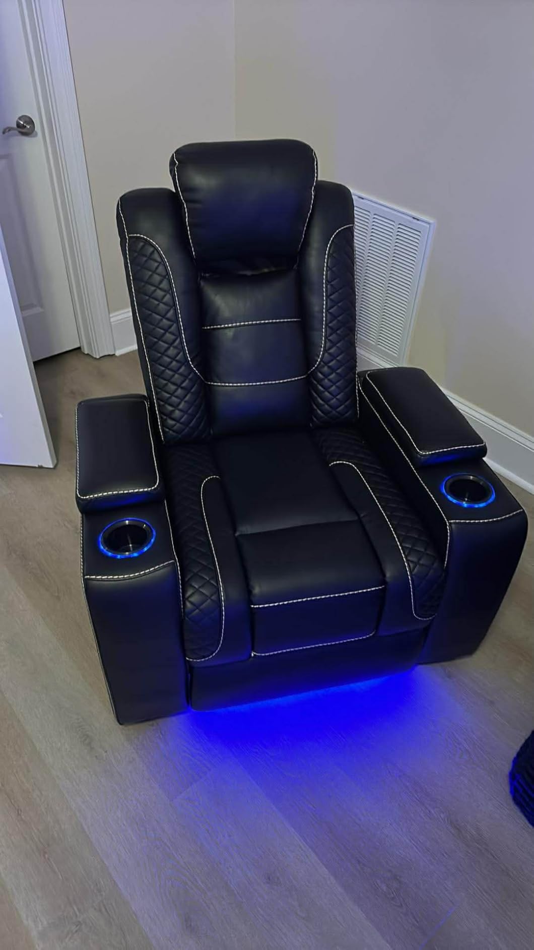 ANJ Power Recliner Chair with USB Port, Electric PU Leather Home Theater Seating for Living Room, Movie Reclining Chairs with Blue Ambient Lighting, Hidden Arm Storage, Cup Holders (Black) customer photo 2