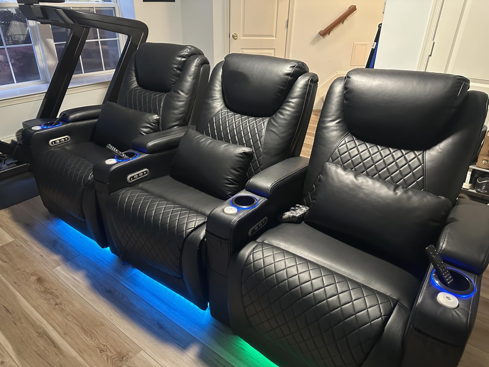 Airadlis Home Theater Seating Seats, Theater Recliner Chair Sofa Game Movie Theater Chairs with 7 Colors Ambient Lighting, Lumbar Pillow, Side Pocket, Tray Table, Power Recline, Black customer photo 1