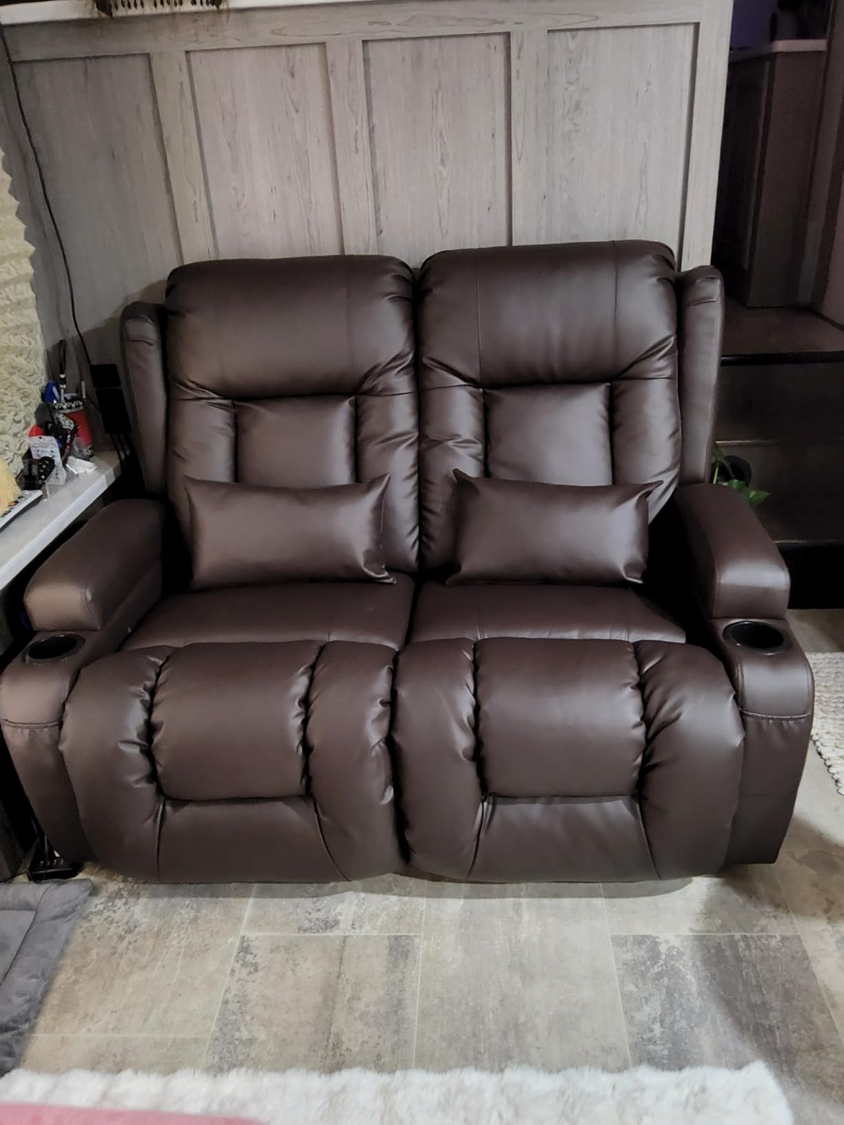 URRED Power Loveseat Recliner Sofa with Massage and Heat, Black | Wall Hugger Reclining Loveseat with Console, RV Couch Home Theater Seating with LED Lights, Faux Leather customer photo 1