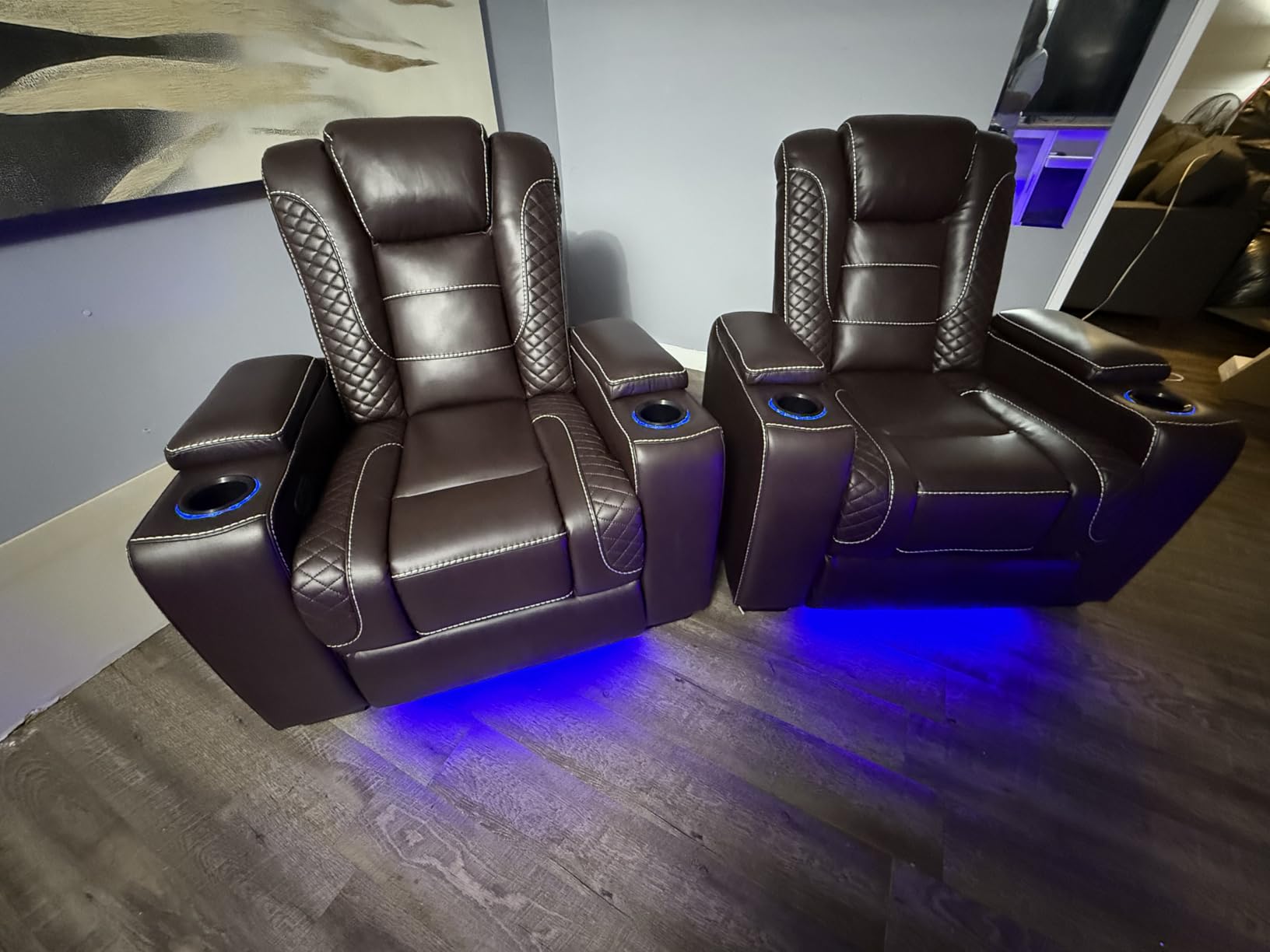 ANJ Power Home Theater Seating Recliner Chairs, PU Leather Recliner with Cup Holders, Electric Movie Theater Reclining Chairs with Adjustable Powered Headrest, LED Lights, Hidden Arm Storage (Black) customer photo 2