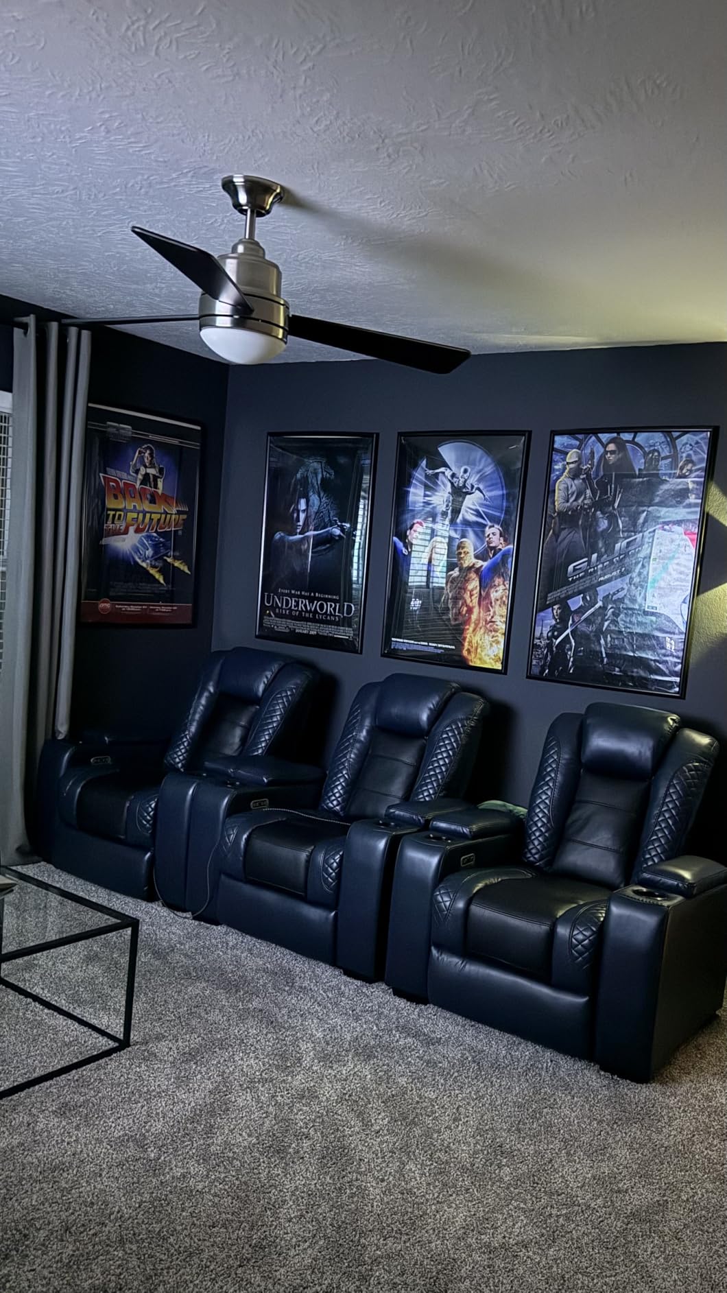 ANJ Power Home Theater Seating, PU Leather Electric Recliner Chair with Adjustable Headrest, Dual Motors Movie Reclining Chairs with LED Lights, USB Port, Cup Holders, Hidden Arm Storage (Blue & Black) customer photo 2