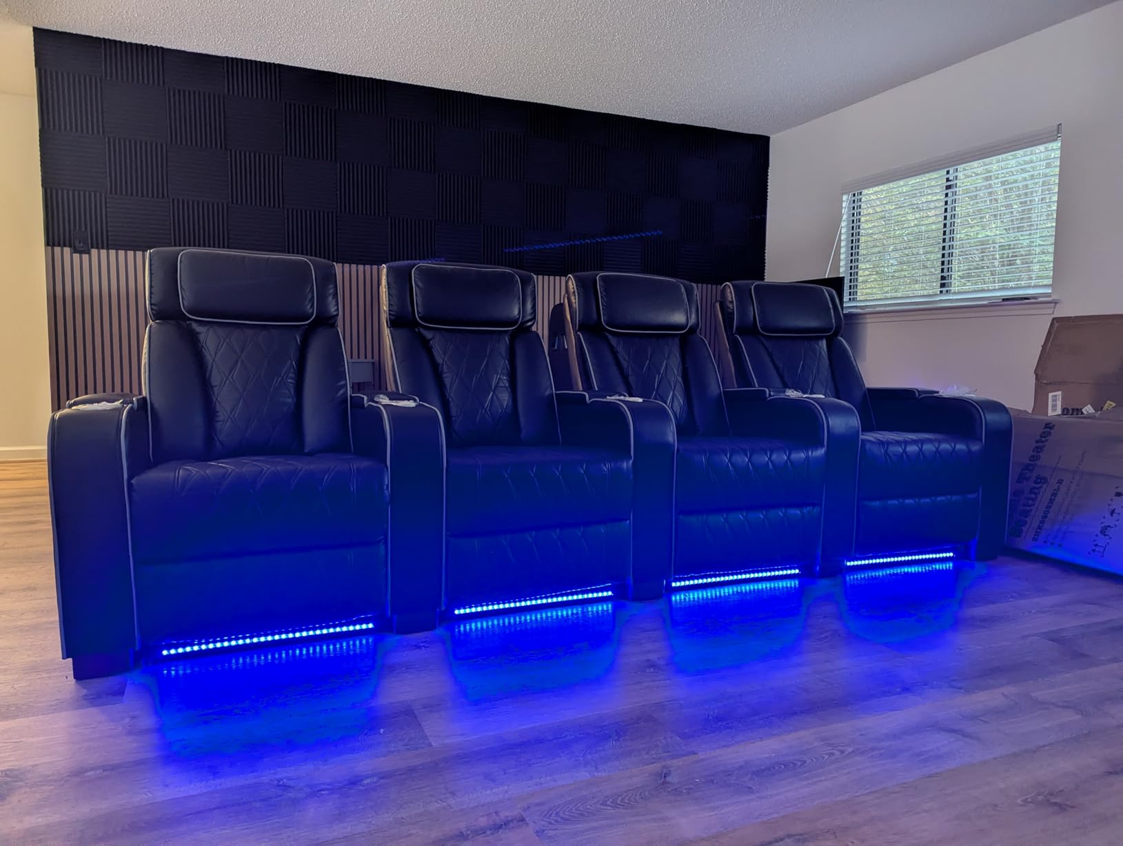 Luxury Home Theater Seating with Electric Headrest (Black, 3 Seat) | Blue LED Ambient Lighting, Armrest Storage, Extended Footrest, Tray Table, USB & Type-C Charging, Cinema-Style Comfort customer photo 1
