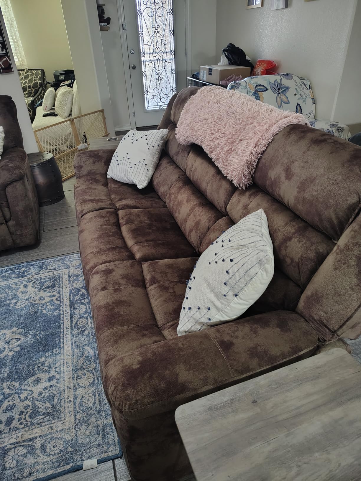2 Pieces Reclining Couch Furniture Set, Soft Fabric Manual Recliner Sofa Home Theater Seating, Included Recliner Chair and 3 Seat Sofa, Brown customer photo 1