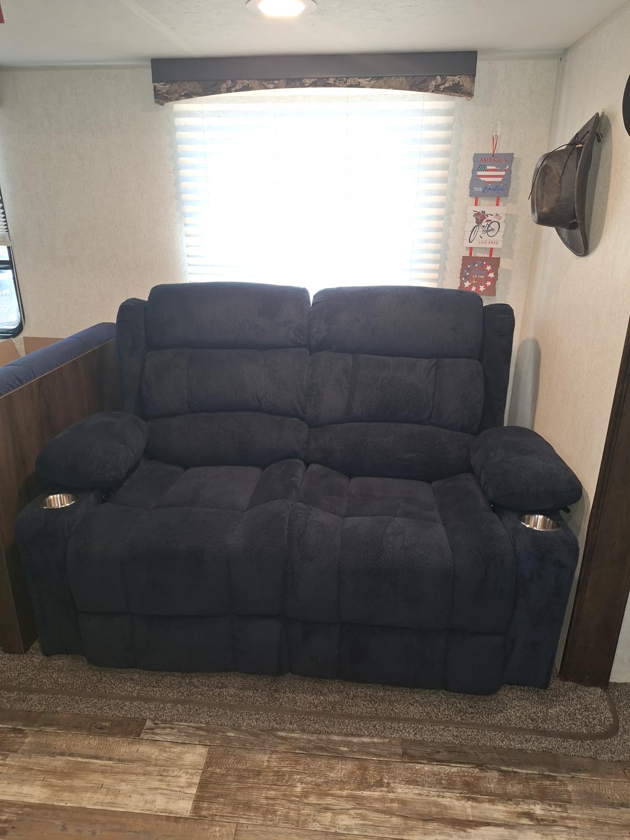 RV Loveseat Recliner Sofa, Wall Hugger Reclining Loveseat RV Couch with USB Ports, Cup Holders, Pockets, 150-degree Adjustable RV Furniture Velvet Fabric Recliners for Travel & Home Theater Seating customer photo 1