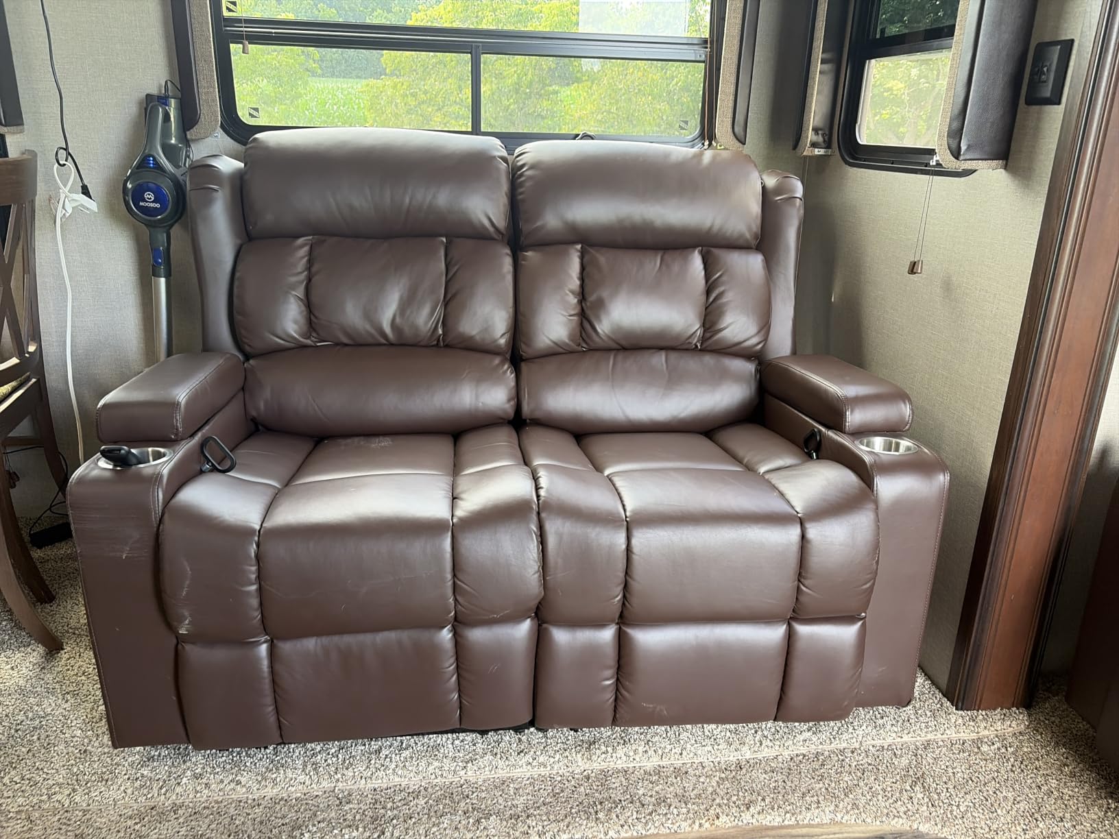 RV Loveseat Recliner Sofa, Wall Hugger Reclining Loveseat RV Couch with USB Ports, Cup Holders, Pockets, 150-degree Adjustable RV Furniture Velvet Fabric Recliners for Travel & Home Theater Seating customer photo 2