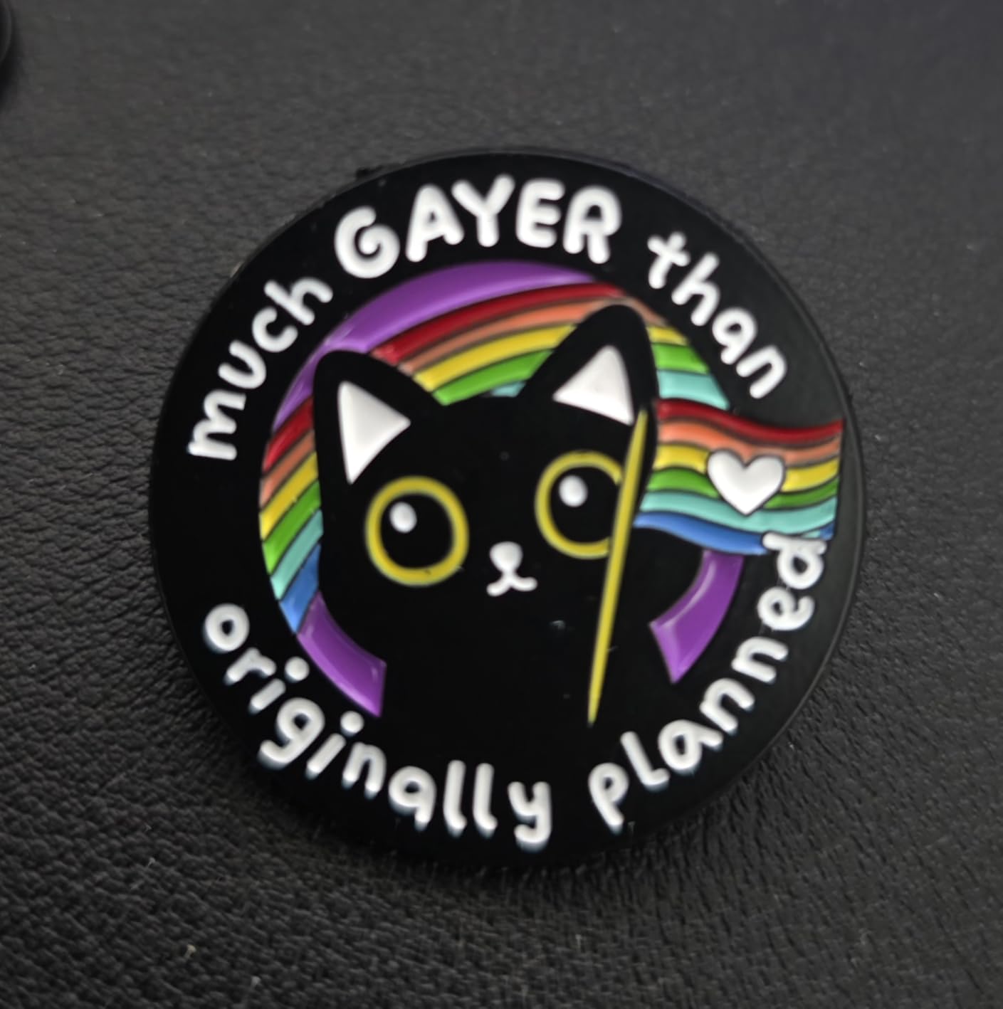 Much Gayer Than Originally Planned, Black Cat Holding Rainbow Flag Enamel Pin, LGBT Gay Pride Brooch Pin, Pride Month Lapel Badge, Funny LGBTQ Cat Meme Badge Brooch, Cute Rainbow Coming Out Gift For Lesbian Gay Bisexual Transgender Queer Homosexual customer photo 1