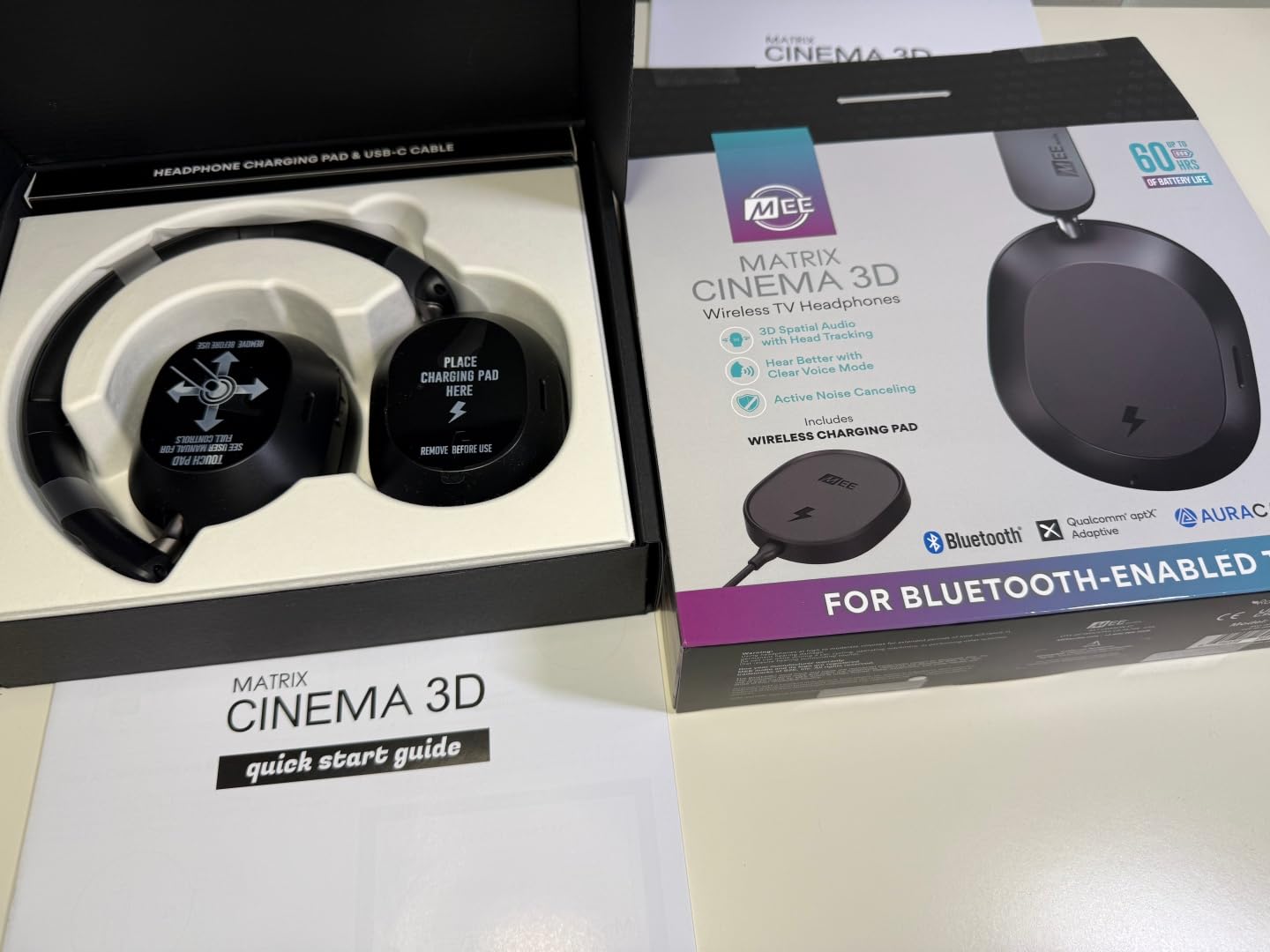 MEE audio Matrix Cinema 3D 2026 Bluetooth Over-Ear Headphones with Wireless Charging Pad for TV; Active Noise Canceling, Spatial Audio, 60H Playtime, Hi-Res Stereo with LDAC, aptX Adaptive, & Auracast customer photo 1