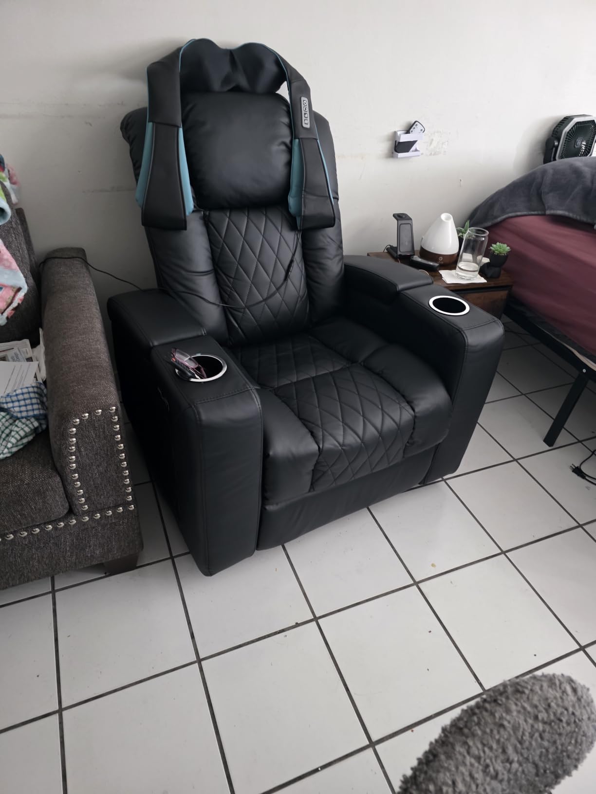 ANJ Home Theater Seating Power Recliner with Hidden Arm Storage, Faux Leather Recliners with LED Light, Electric Movie Reclining Chairs with USB Ports & Cup Holders for Media Living Room, Black customer photo 1