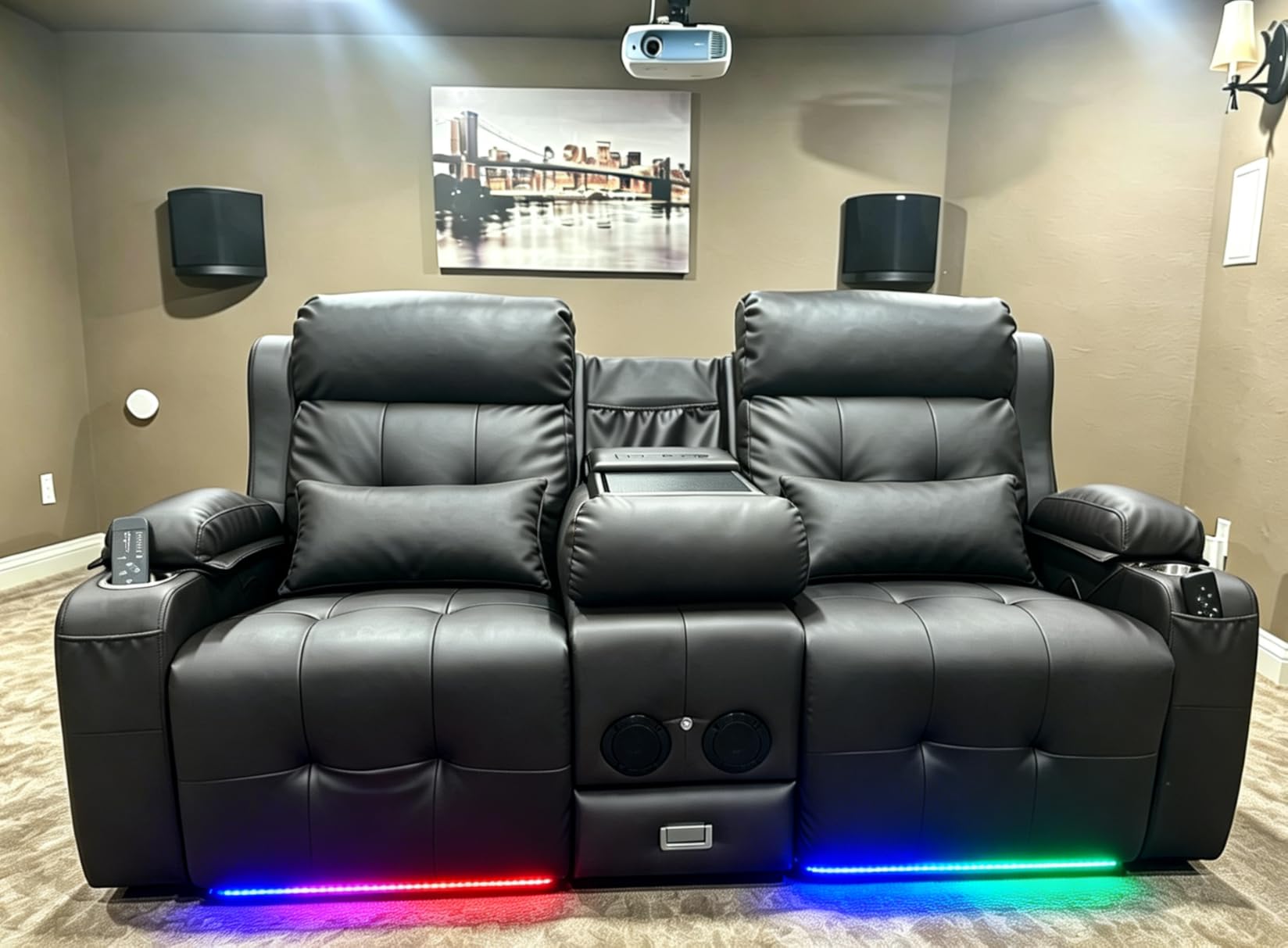 Home Theater Seating, Power Loveseat Recliner Sofa with Massage & Heat, Wall Hugger Reclining Loveseat with USB, RV Couch with LED Lights, Flip Backrest, Cup Holders for Movie Theater & Gaming Room customer photo 2