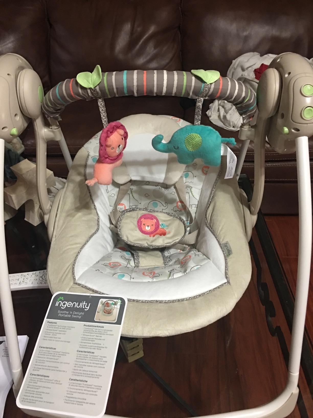 Ingenuity Soothe 'n Delight Compact Portable 6-Speed Plush Baby Swing with Music, Folds Easy, 0-9 Months 6-20 lbs (Cozy Kingdom) customer photo 2