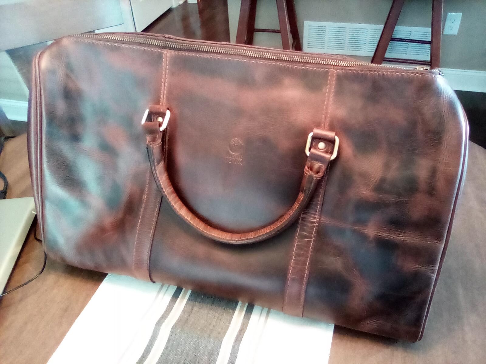 Men's Leather Travel Bag - Weekender Sports Travel Shoulder Bags Aeroplane Hand Luggage Men Duffle Bag (Large), Mulberry, L, leather duffel bag customer photo 1