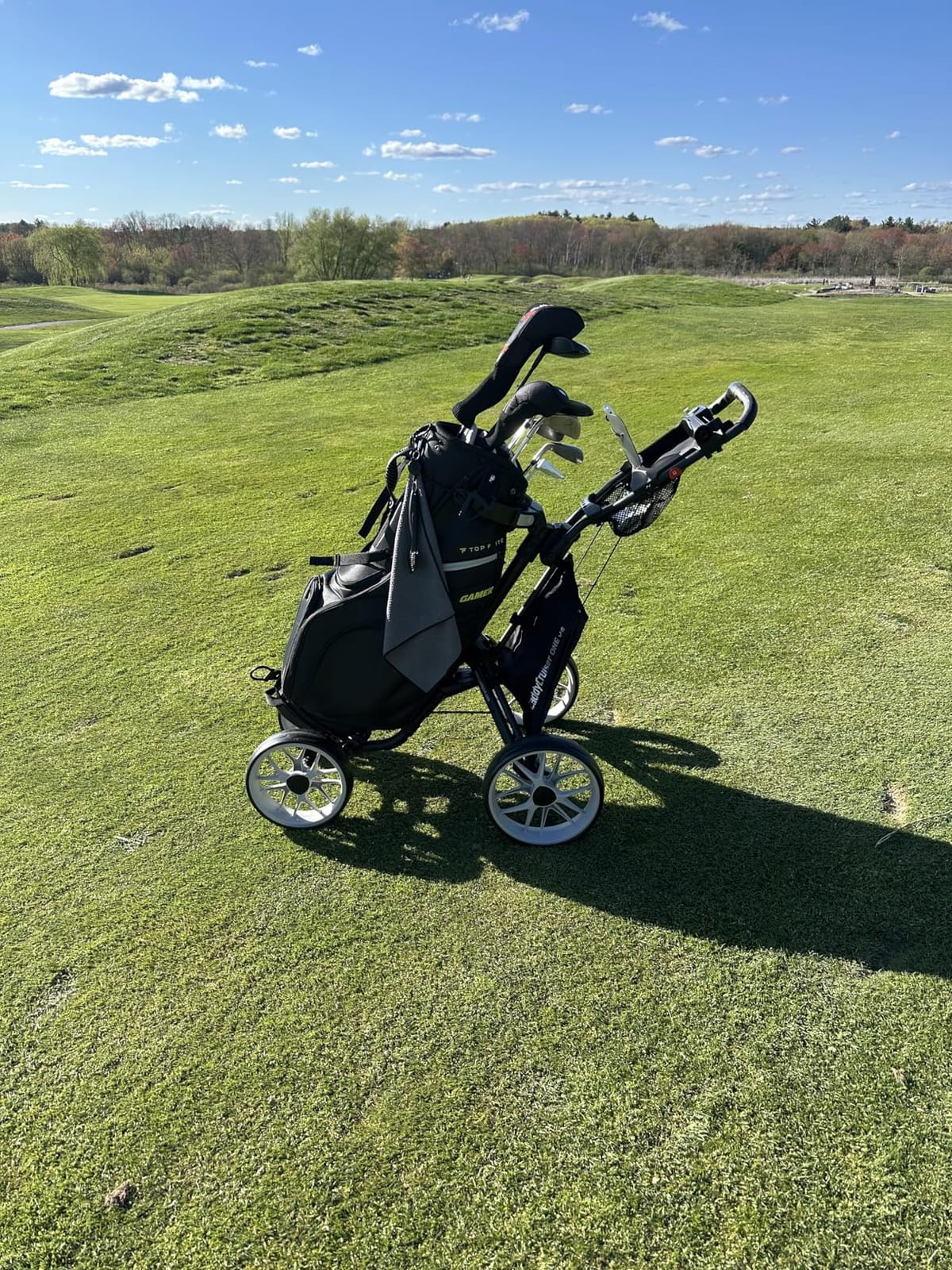 CaddyTek 4 Wheel Golf Push Cart - Caddycruiser One Version 8 1-Click Folding Trolley - Lightweight, Compact Pull Caddy Cart, Easy to Open customer photo 1