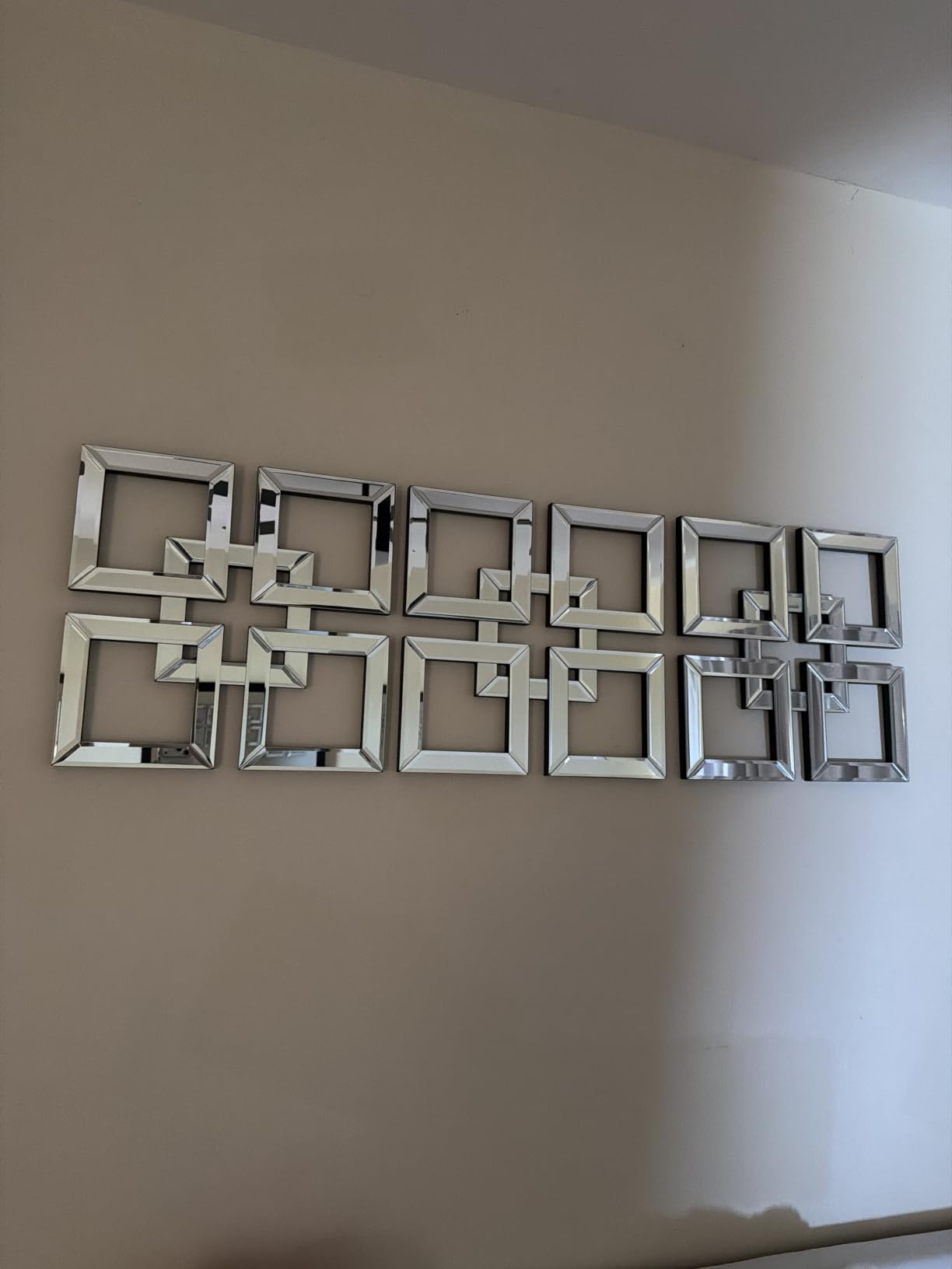 QMDECOR 12x12 Inch Geometric Wall Mirror with Beveled Edge - Modern Silver Decorative Mirror for Living Room, Entryway, Hallway & Bedroom - Durable Black MDF Backing with 3 Hanging Hooks customer photo 2