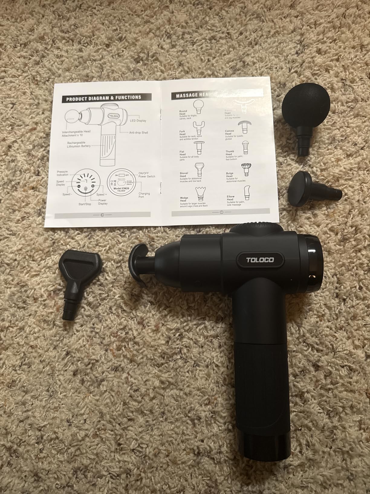 TOLOCO Massage Gun, Deep Tissue Back Massage for Athletes for Pain Relief, Percussion Massager with 10 Massages Heads & Silent Brushless Motor, Relaxation Gifts for Men Women, Black customer photo 1