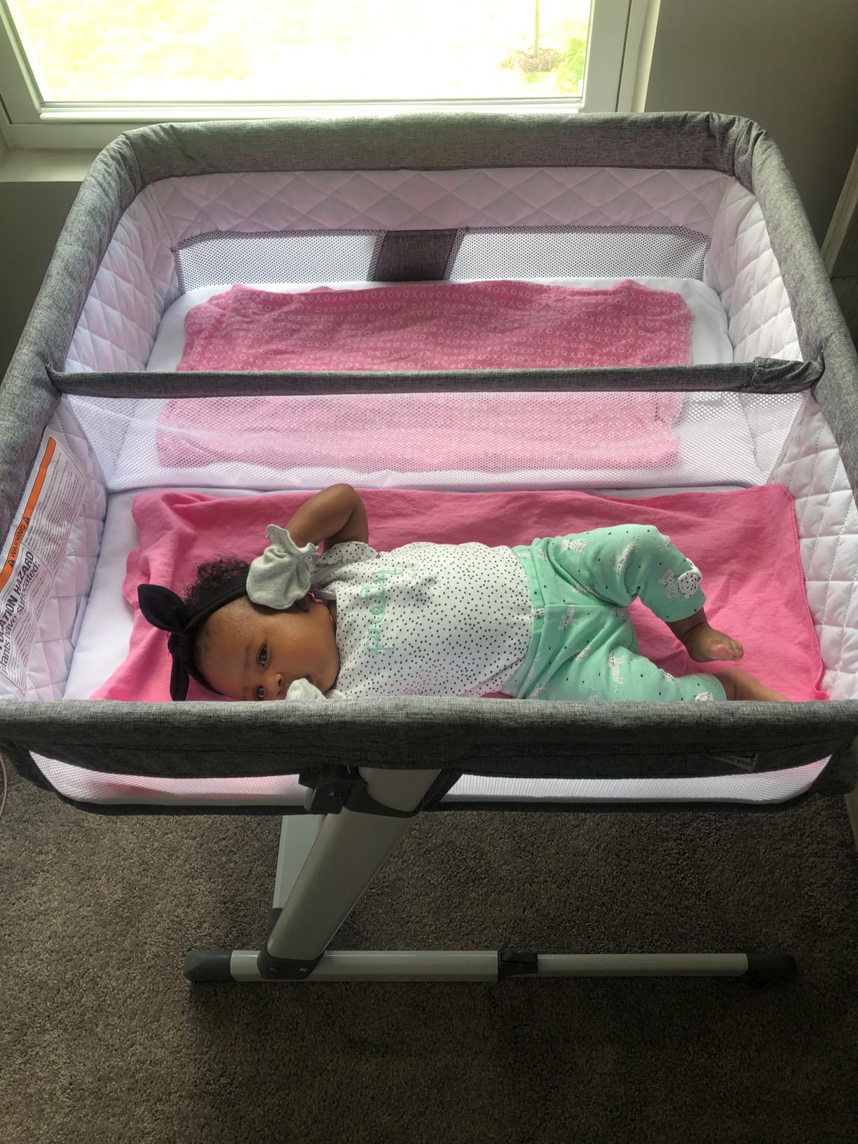 Simmons Kids By The Bed City Sleeper Bassinet for Twins - Adjustable Height Portable Crib with Wheels & Airflow Mesh, Grey Tweed customer photo 2
