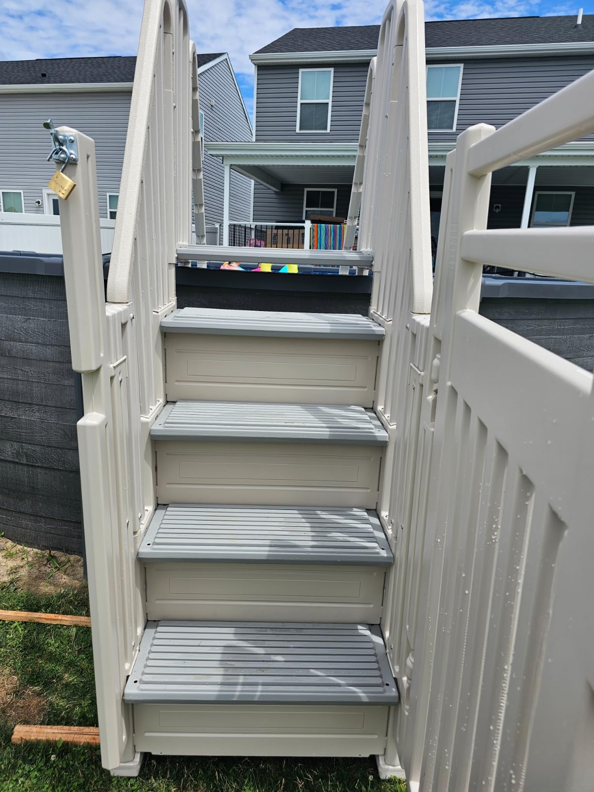 Confer Plastics Step Enclosure System: Above Ground Entry System, Dual Handrails, Slip-Resistant Steps, Supports 400 lbs, Easy Install – Made in USA, Warm Grey with Blue Step-1X Treads customer photo 2