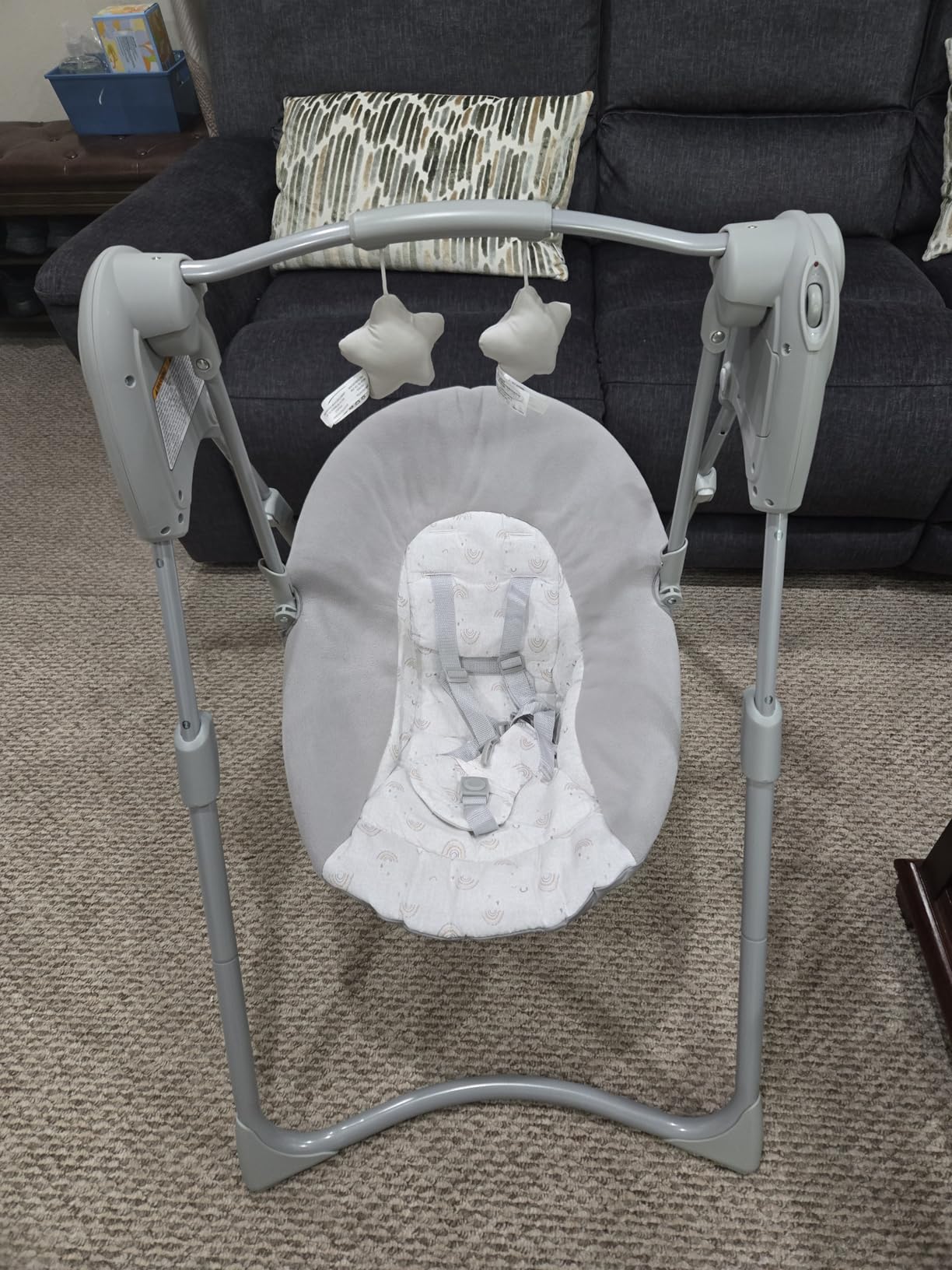 Graco Slim Spaces Compact Baby Swing, Space Saving Portable Bay Swing with Height Adjustable Legs & Soft Toys, Reign customer photo 1