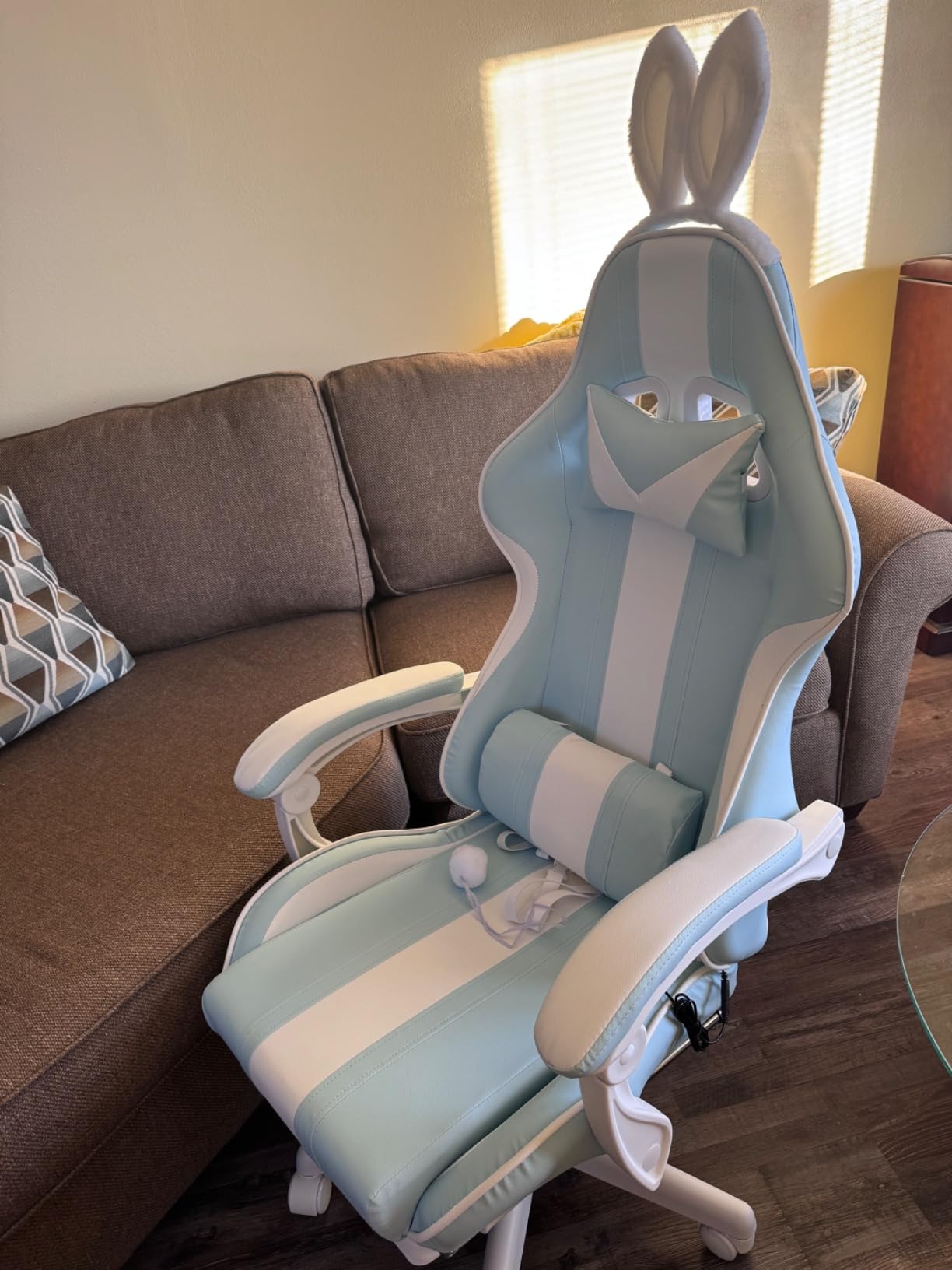 Ferghana Kawaii Light Blue Gaming Chair with Bunny Ears, Ergonomic Cute Gamer Chair with Footrest and Massage, Racing Reclining Leather Computer Game Chair 250lbs for Girls Adults Teens Kids customer photo 1
