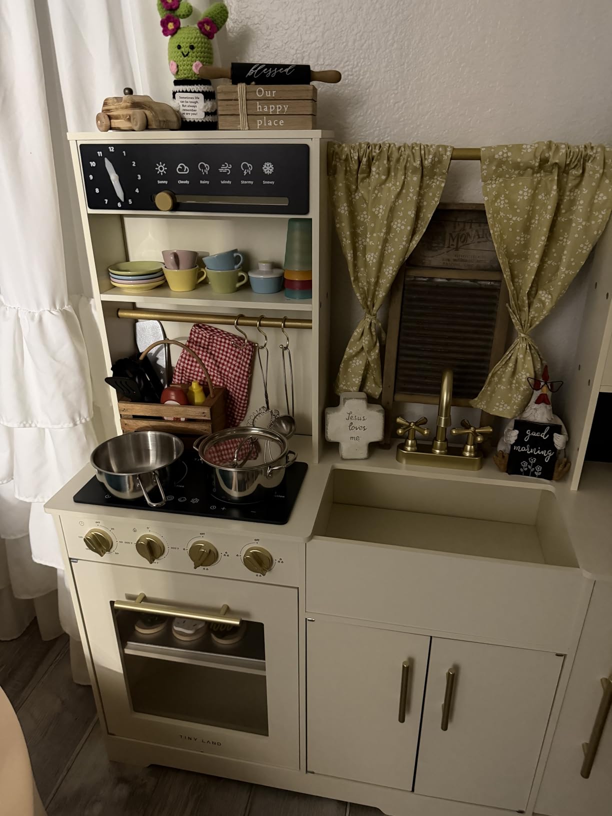 Tiny Land Play Kitchen for Kids - Modern Home Design with Fabric Curtains | Interactive Wooden Kitchen with Coffee Maker & Microwave, Pretend Play Toy, Birthday & Christmas Gift for Boys & Girls customer photo 2