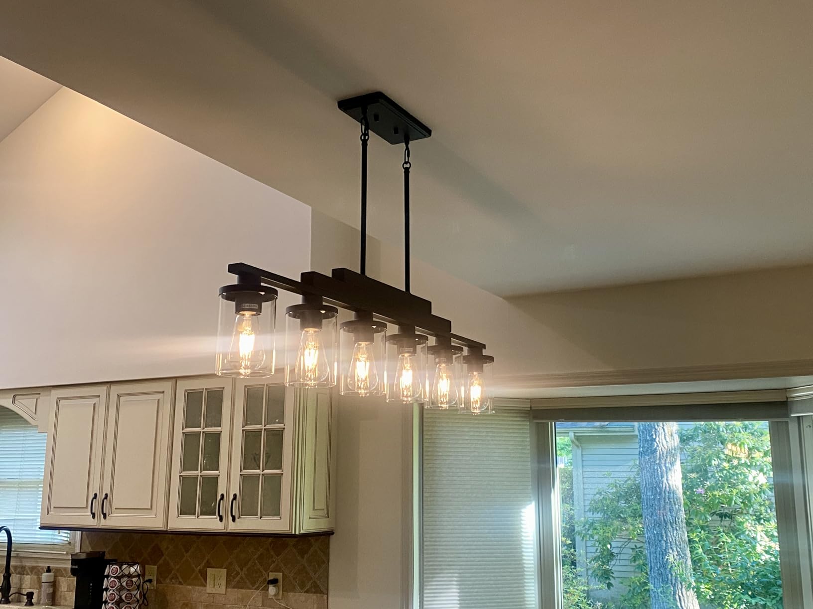 Dining Room Light Fixture/Chandelier Over Table,5-Light Kitchen Island Lighting Hanging for Farmhouse Linear Chandeliers Matte Black Rustic Wood Ceiling Pendant Light Fixtures with Clear Glass Shade customer photo 2