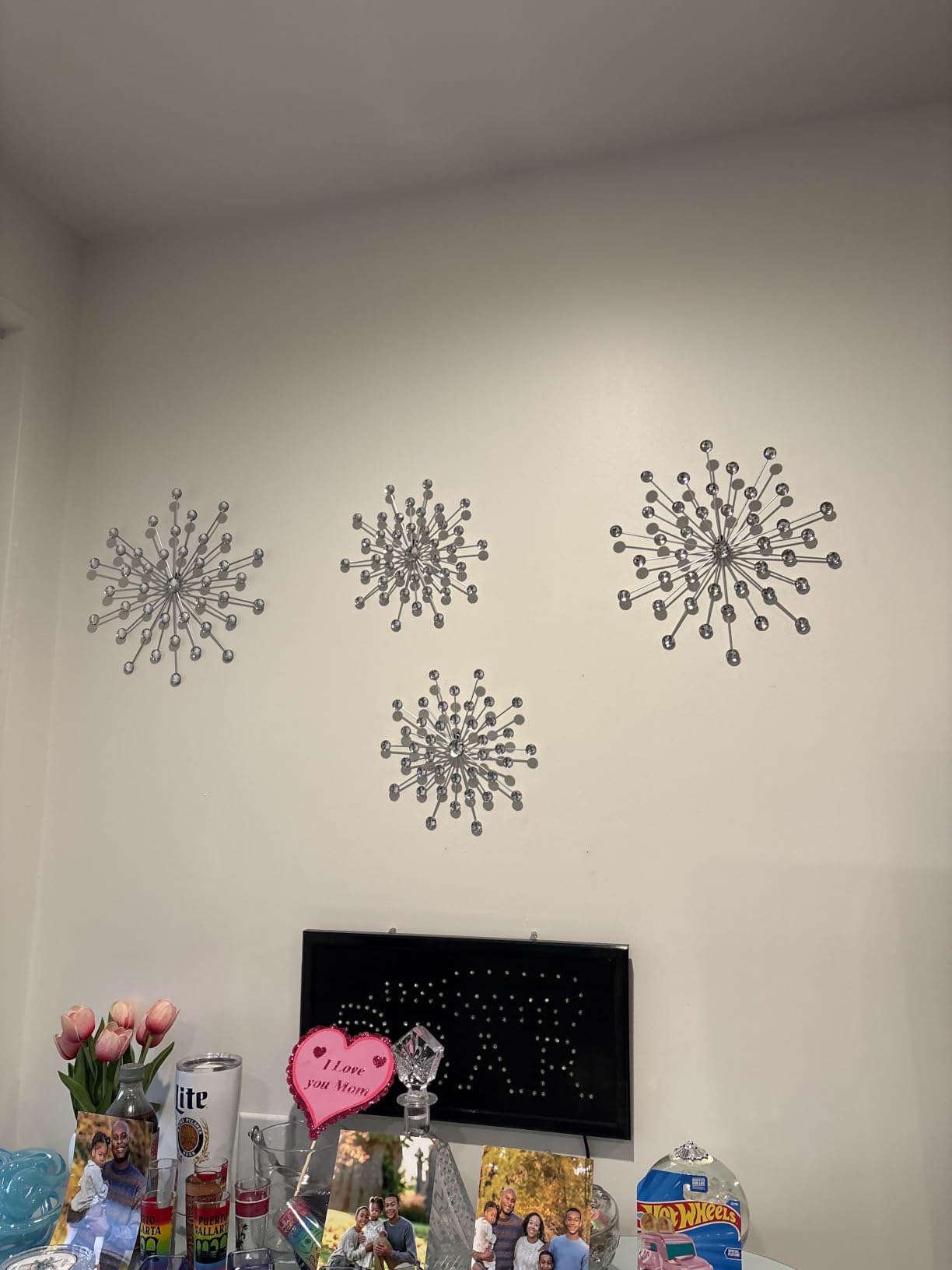 ZEXUIRU 3 Set Silver Starburst Wall Art for Home Decor Metal Bling Crystal Rhinestones Sunburst Wall Decor Sparkling Rhinestone Art Accent Silver - 13in customer photo 2