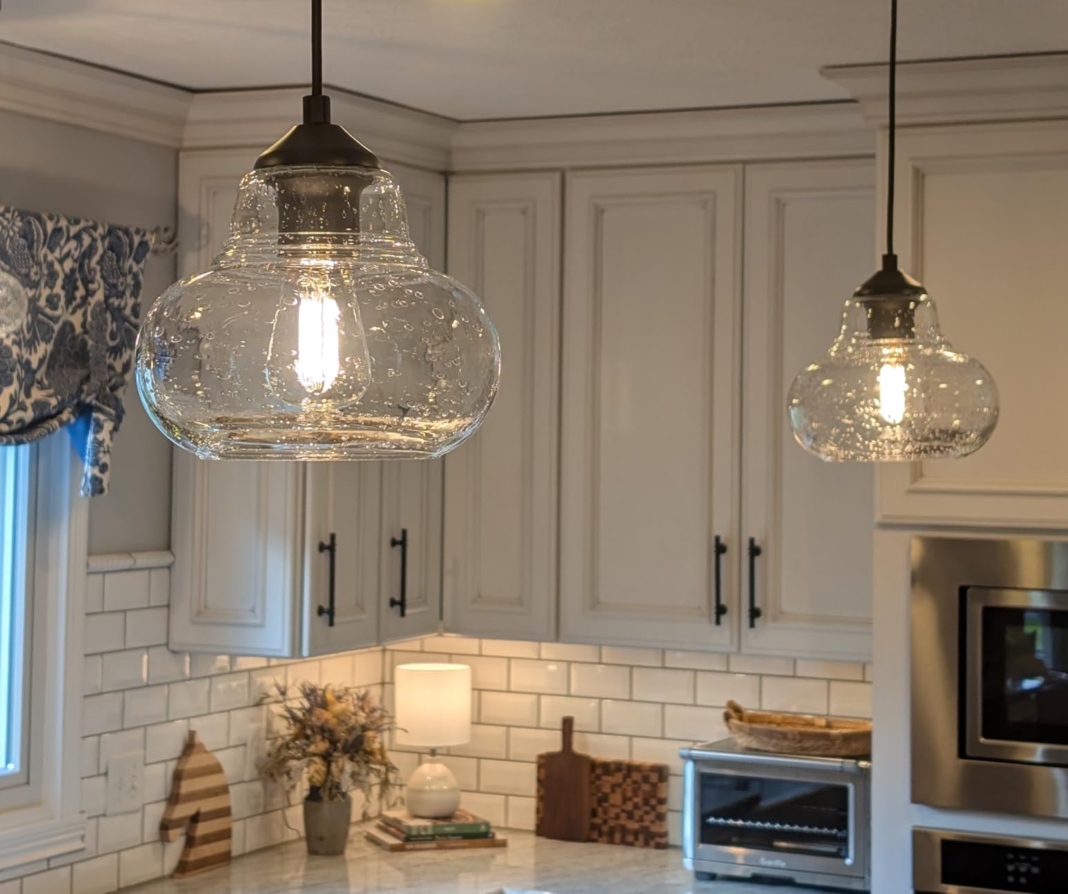 ELYONA 2 Pack Bubble Glass Pendant Lights 8 inch Modern Blue Hand Blown Globe Glass Pendant Lighting Hanging Light fixtures for Kitchen Island Dining Room Bar Bedroom Living Room customer photo 2
