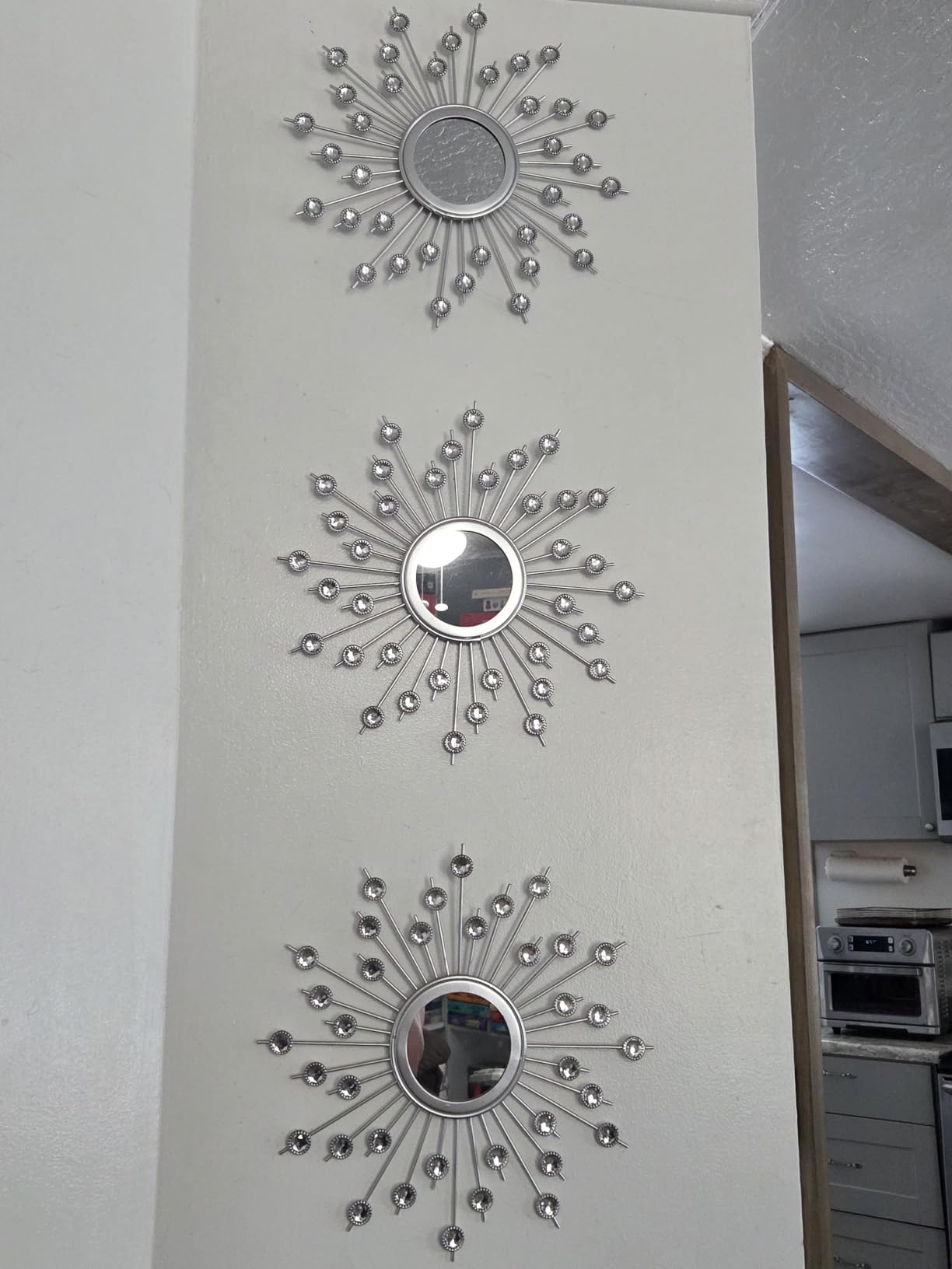 Uaussi 3 Pack Crystal Sunburst Wall Mirror Décor Rhinestone Mirrors Decorative Home Wall Art for Living Room Bedroom Entryway(Flower+Sunburst Gold) customer photo 2