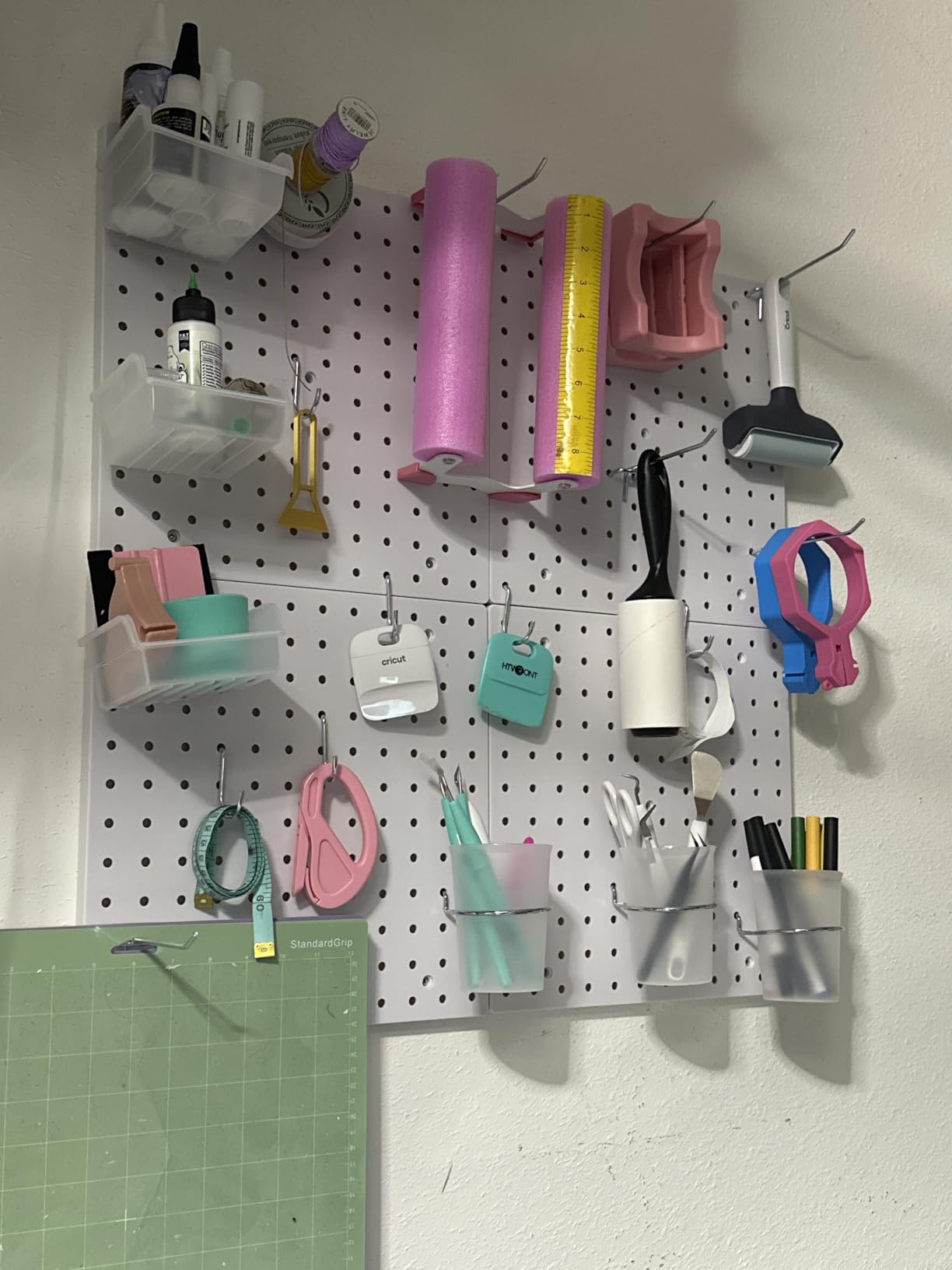 FZK Modular Plastic Peg Board Wall Organizer Kit, 12x12, White | Includes 26 hooks and 2 bins, adhesive or drill mounting, ideal for office, gaming room, garage customer photo 1