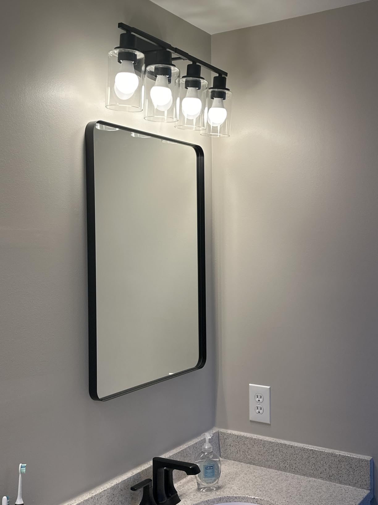 Indoi 4-Light Bathroom Light Fixtures, Matte Black Modern Vanity Lights with Clear Glass Shades, Bathroom Wall Lamp for Mirror Living Room Cabinet Bedroom Porch customer photo 2