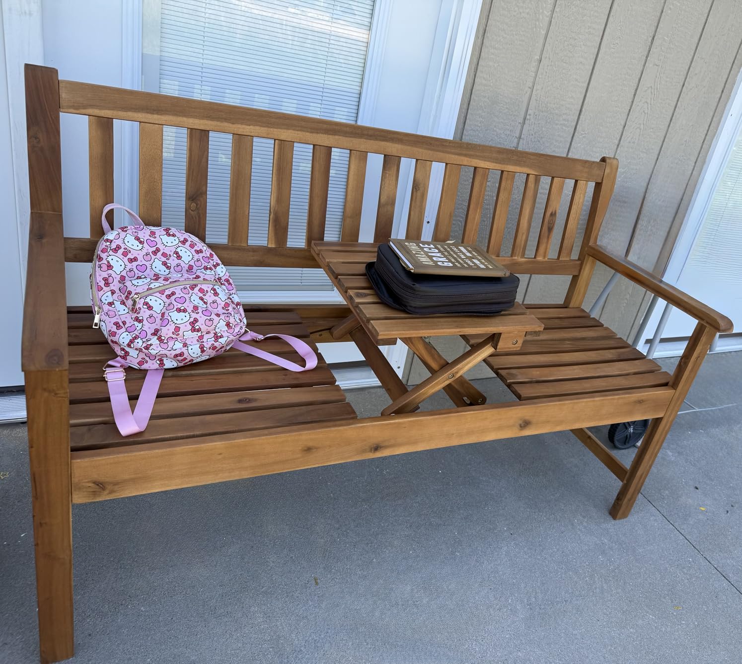 Devoko Acacia Wood Outdoor Bench, 2-Person Garden Bench with Pull-Out Table | Sturdy Patio Bench Porch Bench, Wooden Bench Outdoor with Height-Adjustable Table for Backyard, Balcony, Patio (Log Color) customer photo 1
