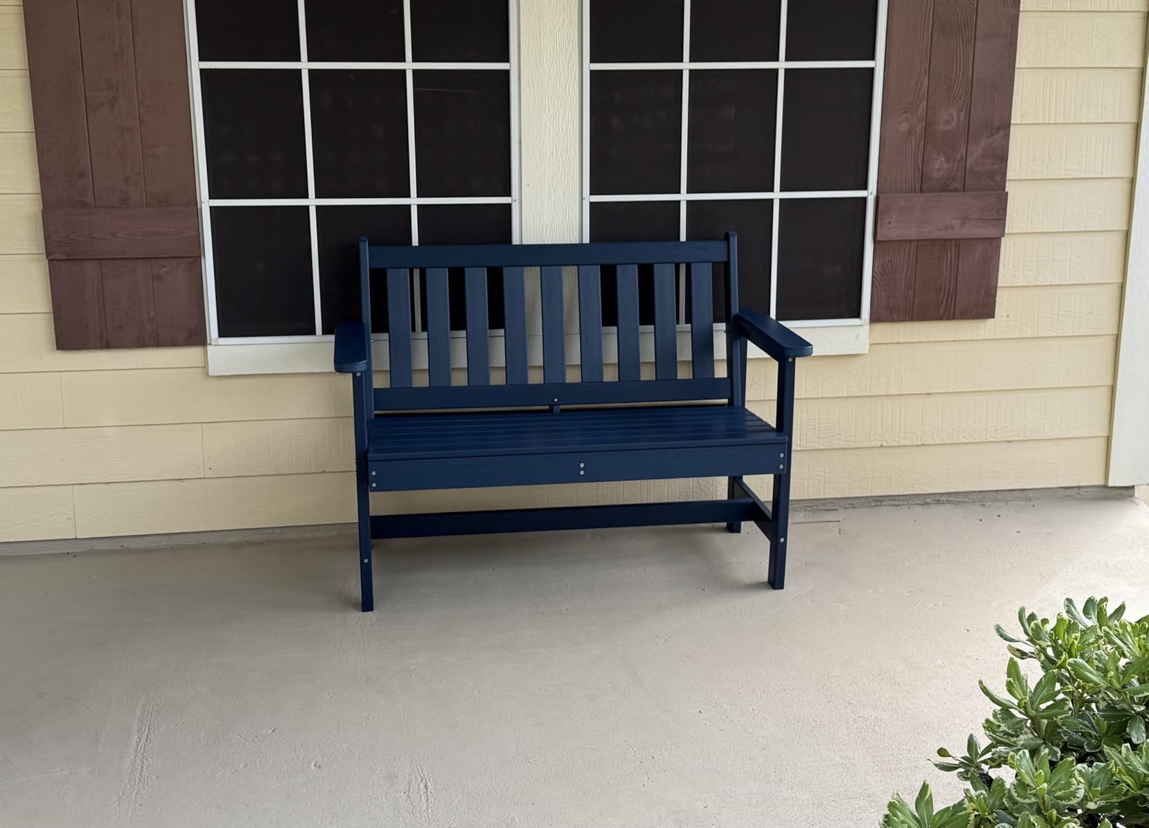 SERWALL HDPE Outdoor Bench with Foldable Cup Holder, 1 Pack, Navy | 660 lbs Weight Capacity Patio Seating, Suitable for 2 Person, Weatherproof Material Bench for Outdoor Garden Park Porch customer photo 1