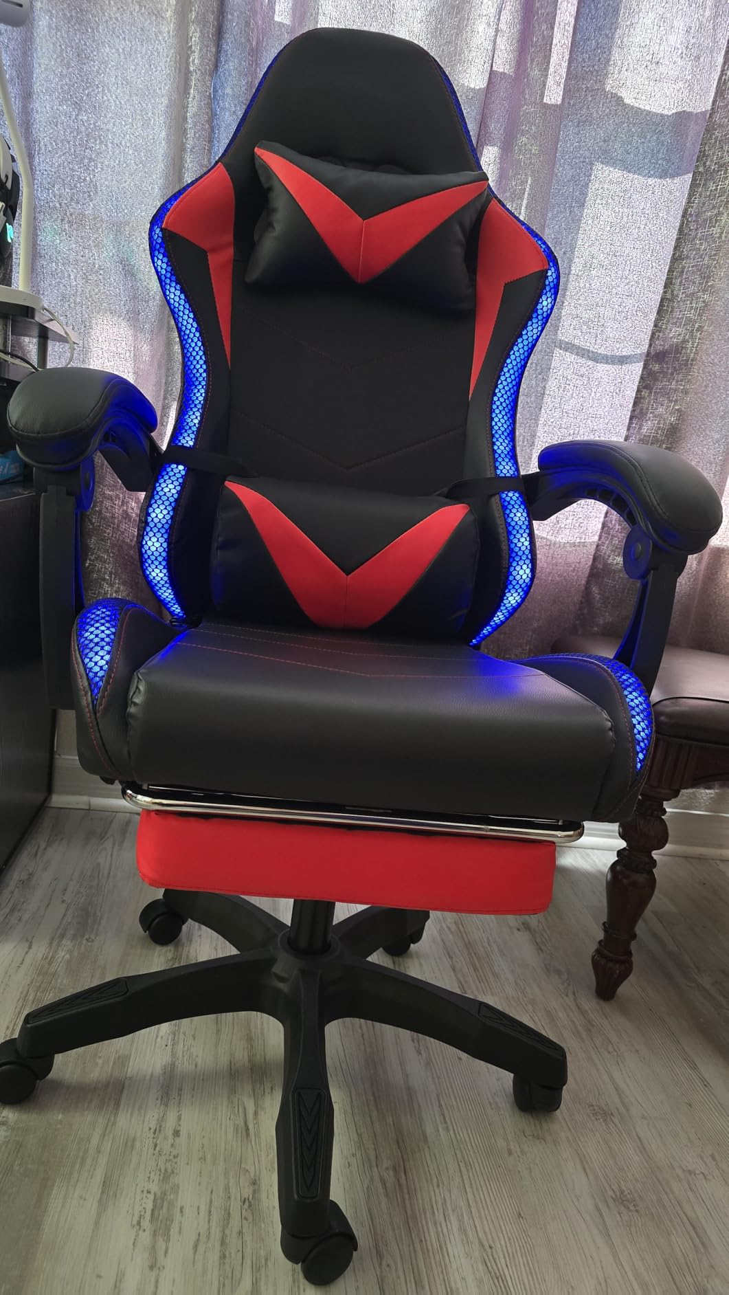 Czlolo Gaming Chair, Racing Style RGB LED Lights Gaming Chairs for Adults and Kids, Lumbar Massager Gamer Chair, High Back Reclining Computer Chair with Footrest and Headrest (Black/Blue) customer photo 2