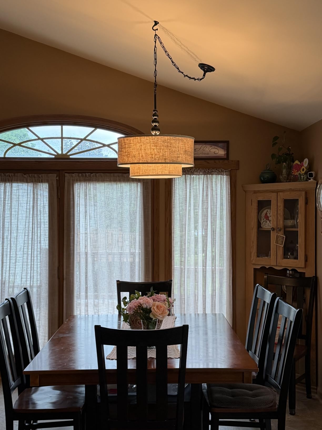 Shrine Lighting Double Drum Chandeliers, Farmhouse Style, Perfect Drum Pendant Light for Dining Room, D20'' x H10'', Adjustable Chains 55'', E12*4 Sockets, Beige Linen Fabric Lampshade & Black Rod customer photo 1