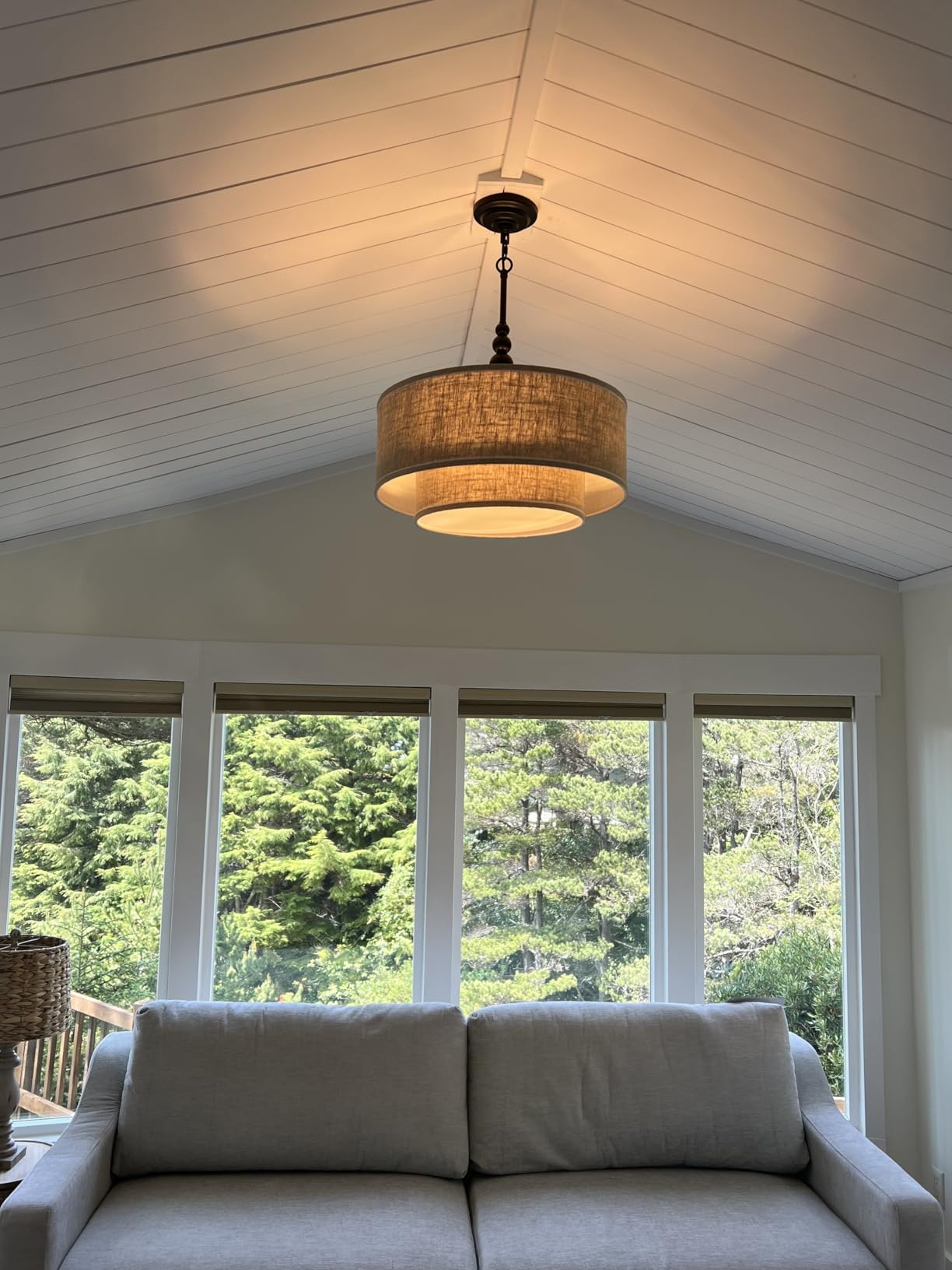Shrine Lighting Double Drum Chandeliers, Farmhouse Style, Perfect Drum Pendant Light for Dining Room, D20'' x H10'', Adjustable Chains 55'', E12*4 Sockets, Beige Linen Fabric Lampshade & Black Rod customer photo 2