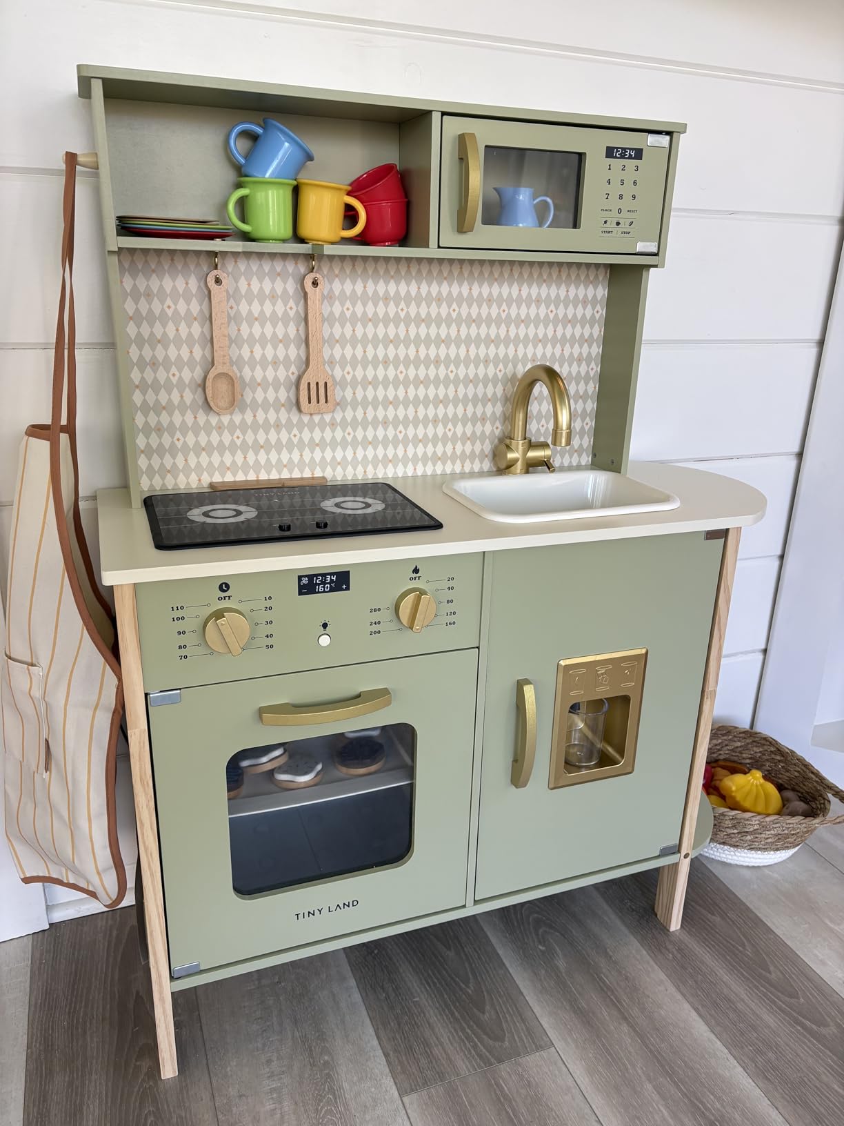 Tiny Land Play Kitchen for Kids - Real Lights, Sounds & Adjustable Height | Farmhouse-Style Wooden Chef Pretend Play Set, 18 Pcs Toy Food & Cookware Accessories, Gift for Boys Girls Ages 3+, Sage Green customer photo 2