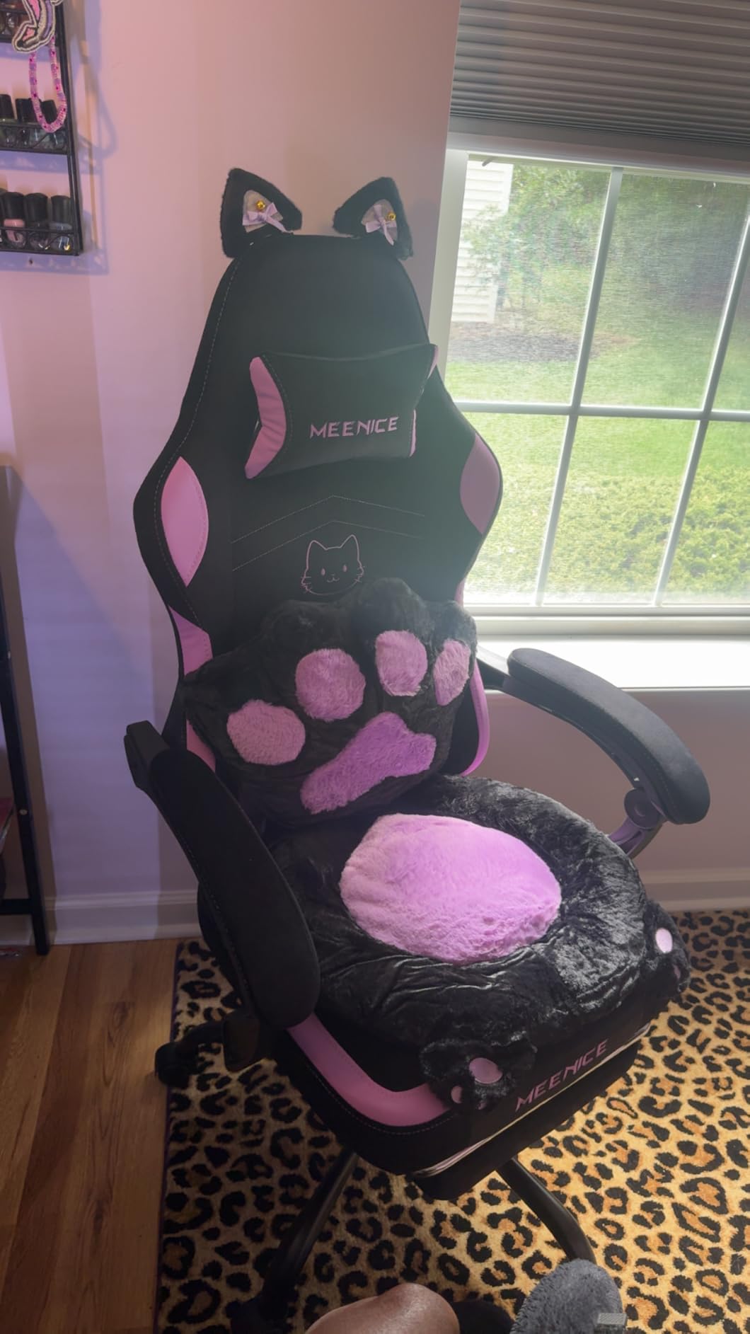 Pink Gaming Chair Cute with Cat Ears Paw Lumbar and Cushion,Ergonomic Computer Chair with Footrest,Reclining PC Game Chair for Girl Computer Chair 300lbs for Adult, Black and Purple customer photo 1
