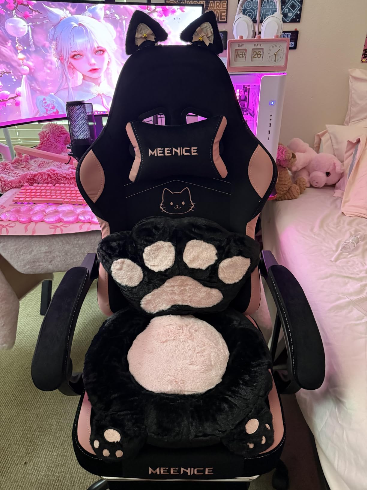 Pink Gaming Chair Cute with Cat Ears Paw Lumbar and Cushion,Ergonomic Computer Chair with Footrest,Reclining PC Game Chair for Girl Computer Chair 300lbs for Adult, Black and Purple customer photo 2