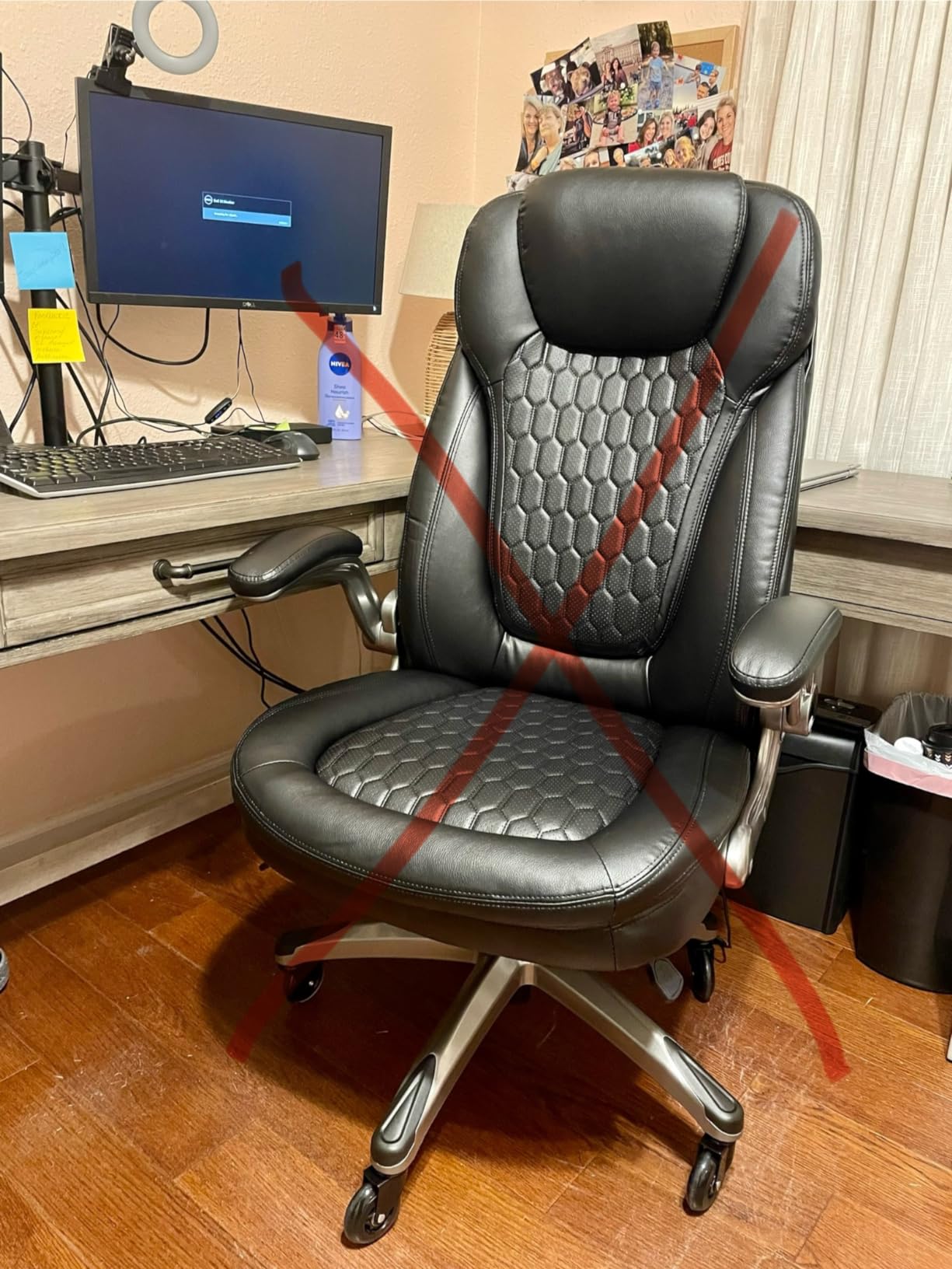 COLAMY Ivory Leather High Back Executive Office Chair, Ergonomic Desk Chair with Flip-up Arms, Thick Cushion, Silent Nylon Wheels, Adjustable Height & Rocking Function, 300lbs Capacity customer photo 2