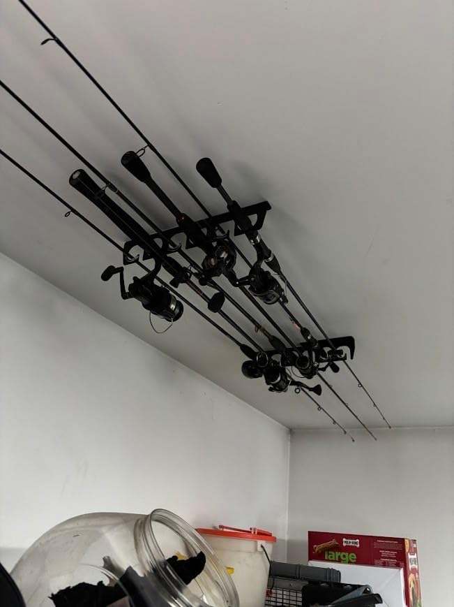 Ceiling Mount Fishing Rod Holder, Heavy Duty Fishing Pole Storage Rack, Ceiling Hanging Fishing Rod Bracket for Garage, Cabin Fishing Gear Organizer customer photo 1