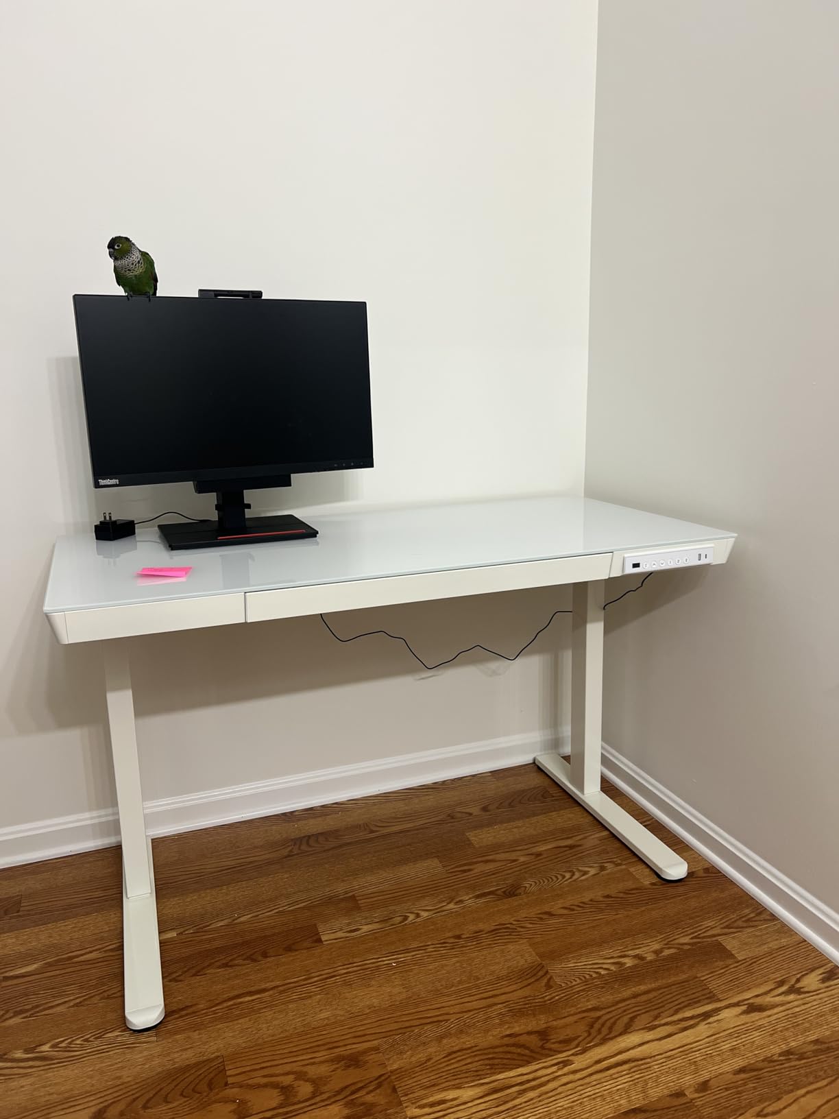 Marsail Glass Standing Desk with Drawer, 48 x 24 inch Electric Standing Desk, Height Adjustable Desk with One-Piece Tabletop & USB Charging Ports, Sit Stand Desk with Storage for Home & Office Black customer photo 1