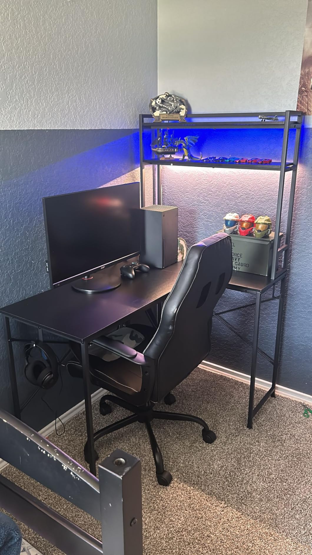 SEDETA L Shaped Gaming Desk, Reversible 45.3” Small Corner Desk with Power Outlet and LED Lights, Corner Gaming Desk with Storage Shelves, Hooks for Small Space, Black customer photo 2