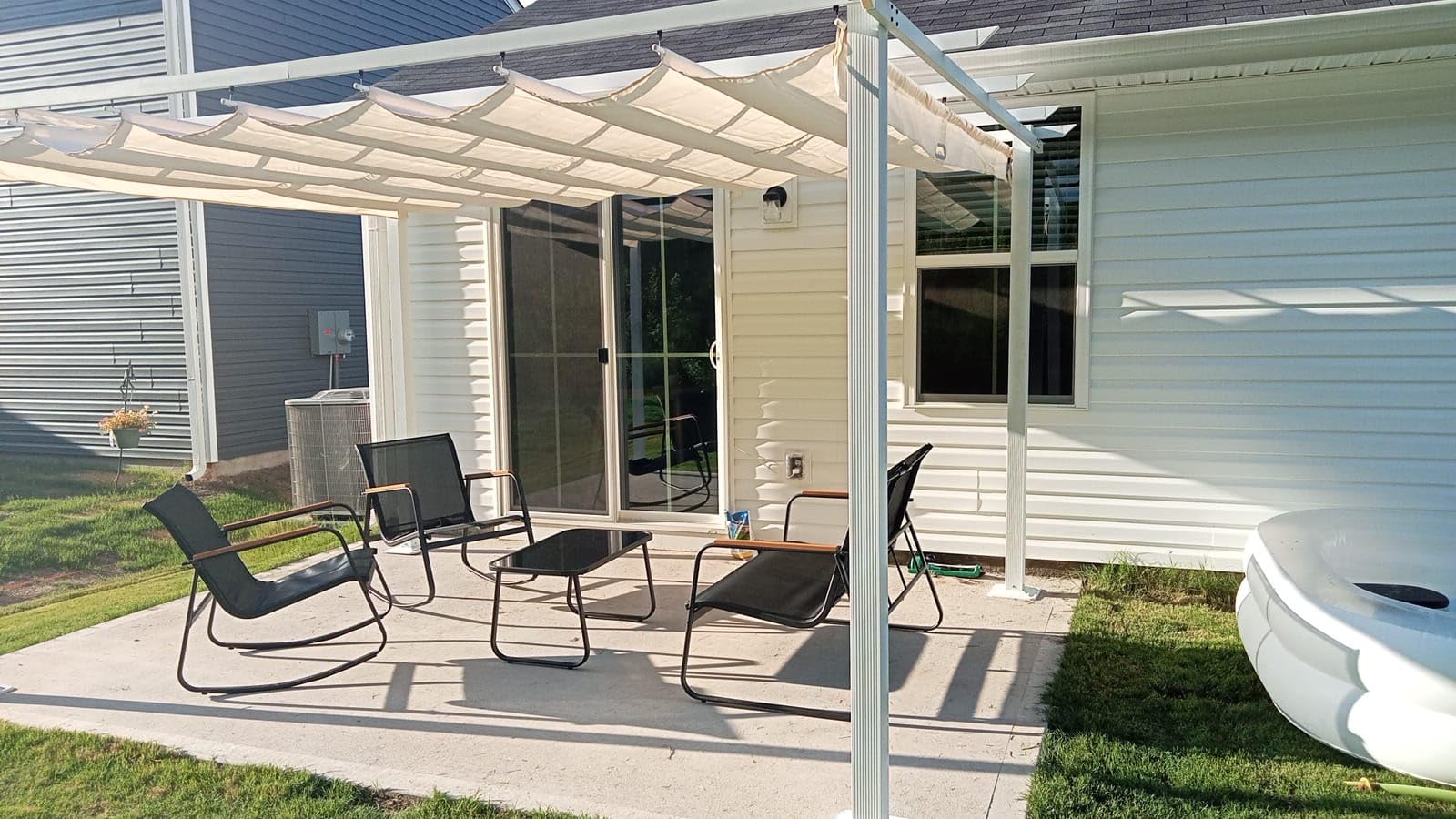 HAPPATIO 12' X 12' Wood-Grain Retractable Pergola with Sun Shade Canopy, Patio Aluminum Frame Shelter for Backyards, Gardens, Porch, Includes Ground Studs and Expansion Screws (Beige) customer photo 1